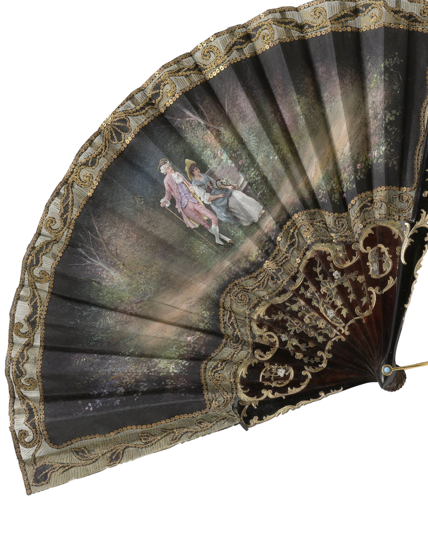 Antique decorative hand fan with gold trim, featuring a romantic painted scene and ornate dark fabric with baroque embellishments.