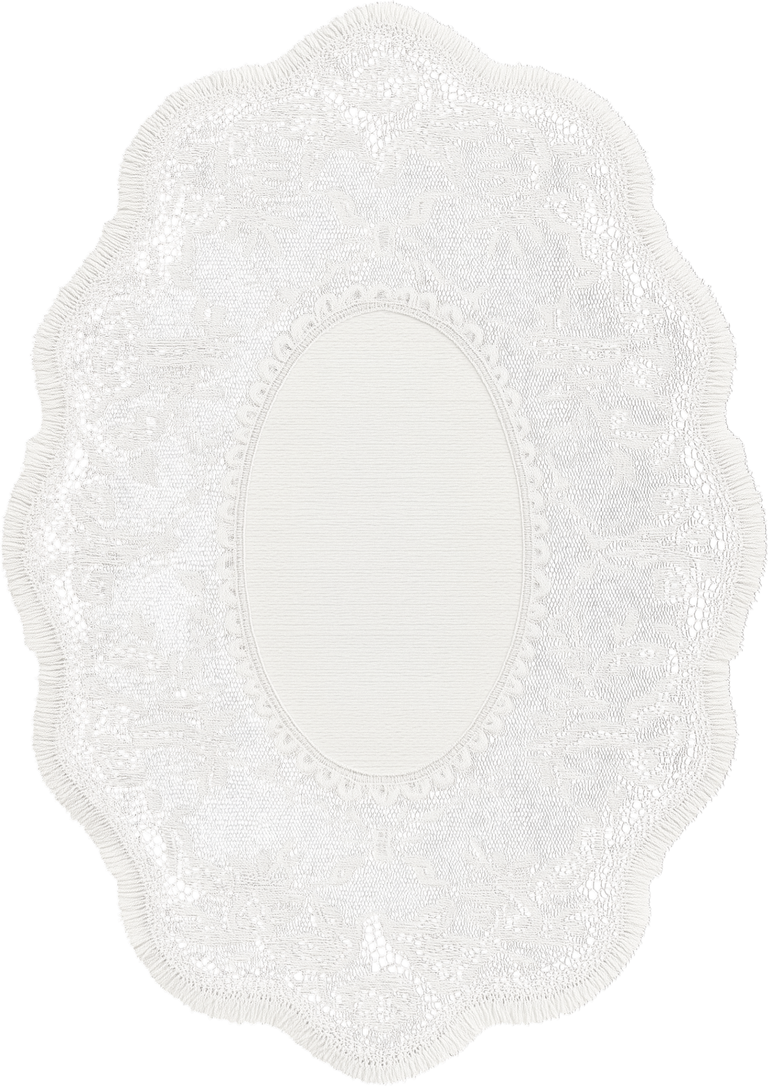 White oval lace doily with intricate floral pattern and scalloped edges, perfect for table decoration.