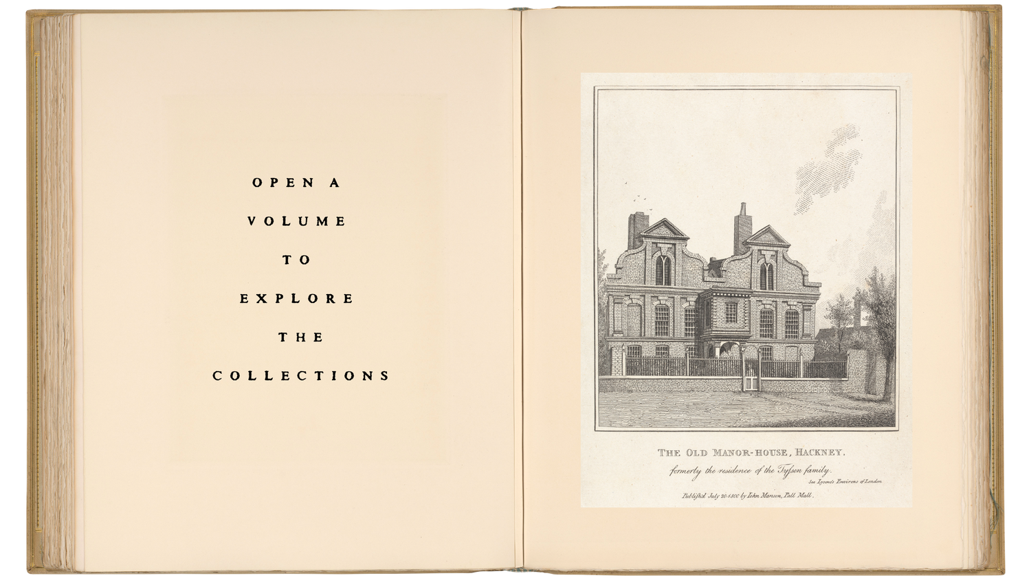 Open book displaying an architectural illustration of a historic building with text reading Open a Volume to Explore the Collections.