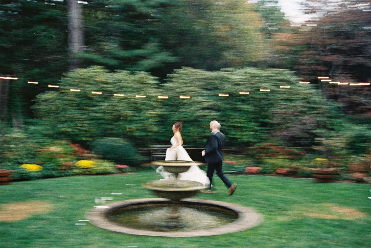A sequence of garden fountain photos showing water features and landscaping in an elegant outdoor setting.