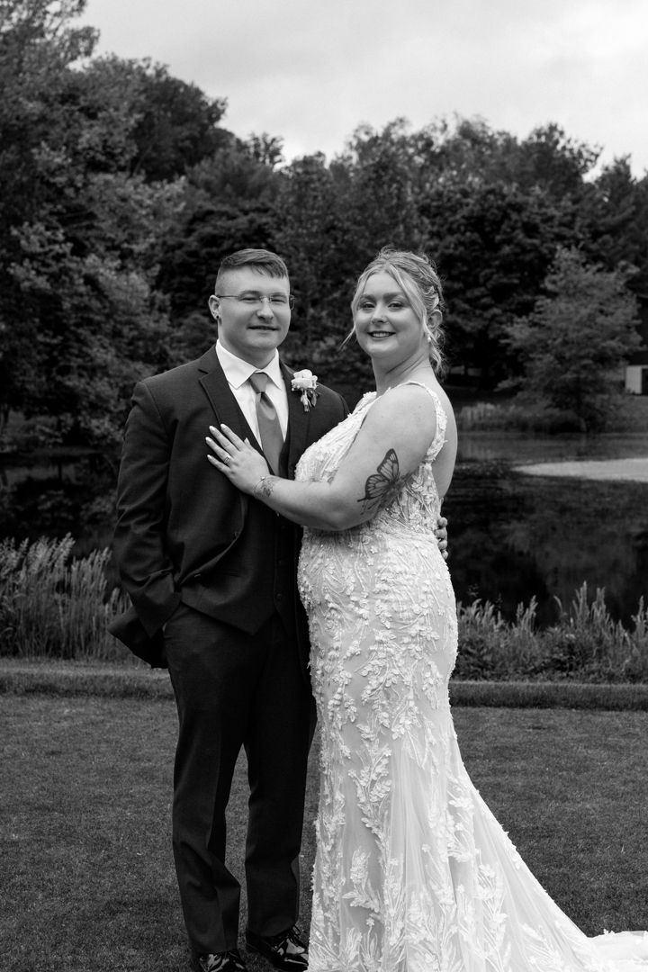 A black and white photo sequence shows a happy couple in wedding attire laughing together outdoors by a pond.