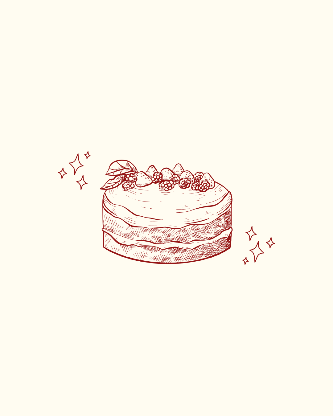 Semplice disegno al tratto di torta in inchiostro rosso su sfondo crema.