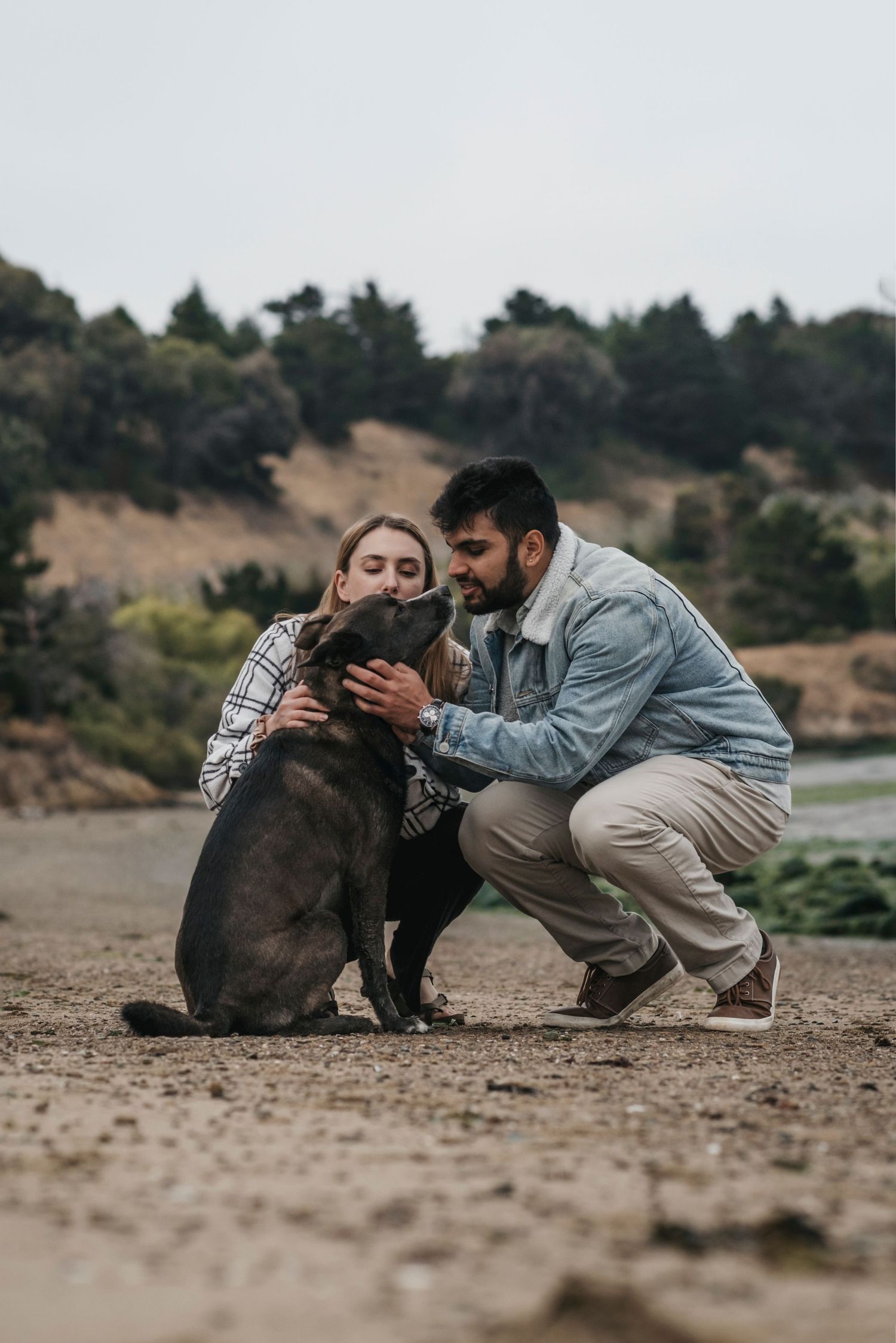 Couple on a rocky beach crouching down to pet and kiss their dark brindle dog.
