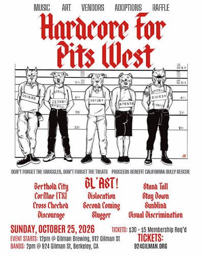 Flyer for Hardcore for Pits West punk concert on Oct 25, 2026 at Gilman Brewing, benefiting California Bully Rescue.