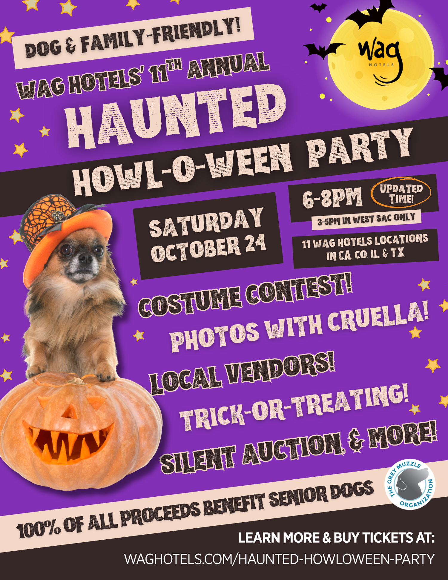 Wag Hotels 11th Annual Haunted Howl-O-Ween Party flyer for October 24, 6-8PM, featuring costume contest and trick-or-treating.