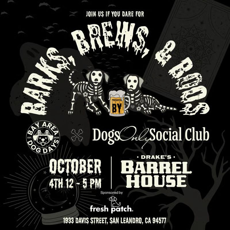 Halloween-themed Barks Brews and Boos dog event flyer for October 4th at Drakes Barrel House in San Leandro CA.