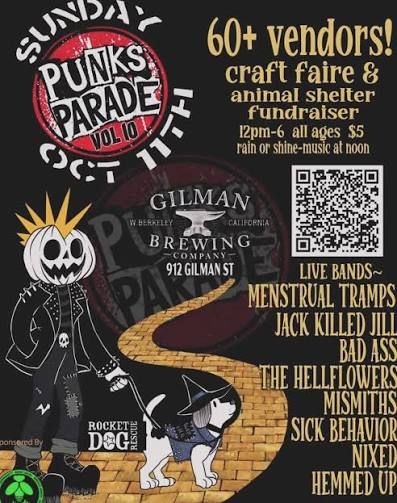 Punks on Parade Vol 10 flyer at Gilman Brewing, Berkeley, featuring live bands, craft faire, animal shelter fundraiser, 60+ vendors, Oct 11.