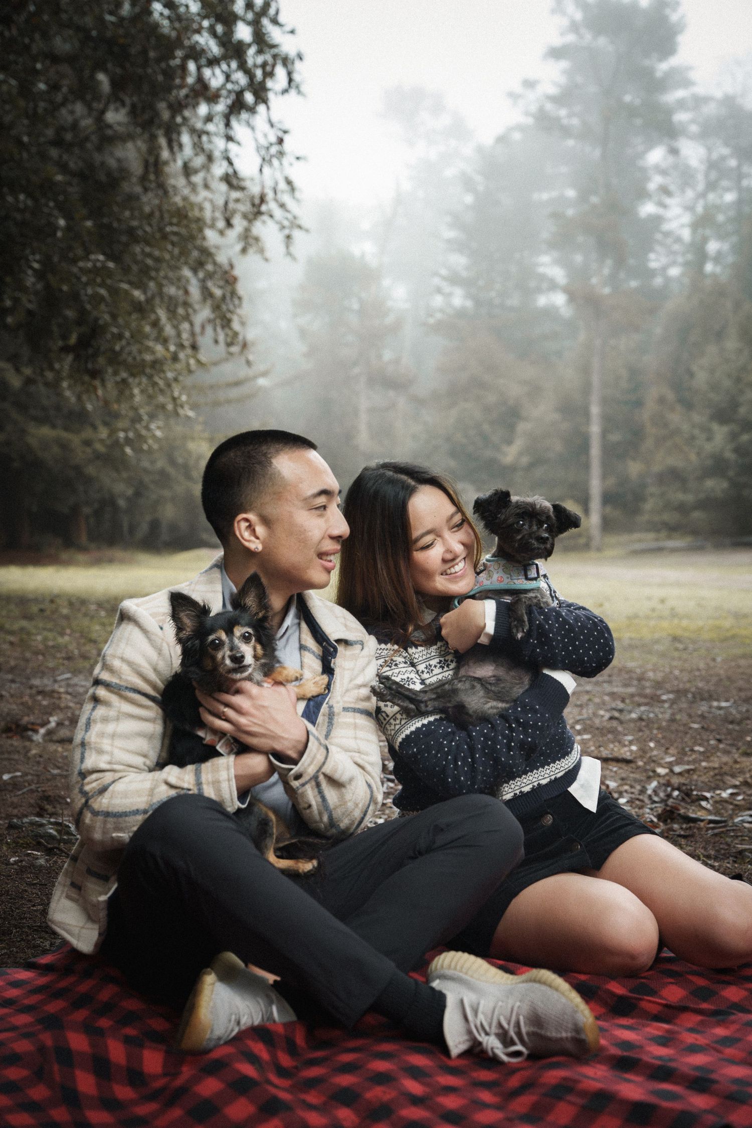 A couple sits on a red plaid blanket in a misty forest, each holding a small black dog at Joaquin Miller park in Oakland