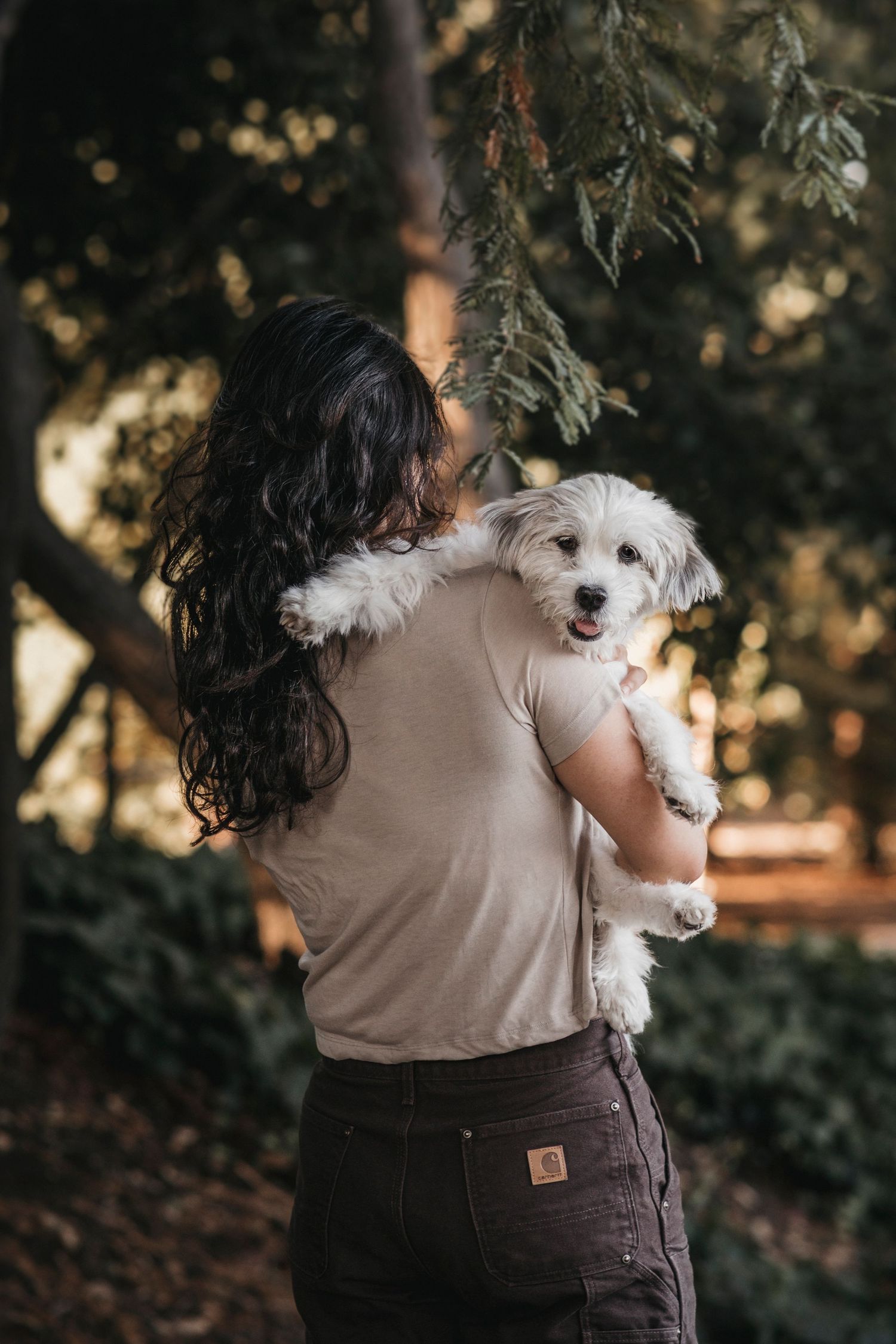 Woman holding a small white fluffy dog in a lush green San Francisco park setting.