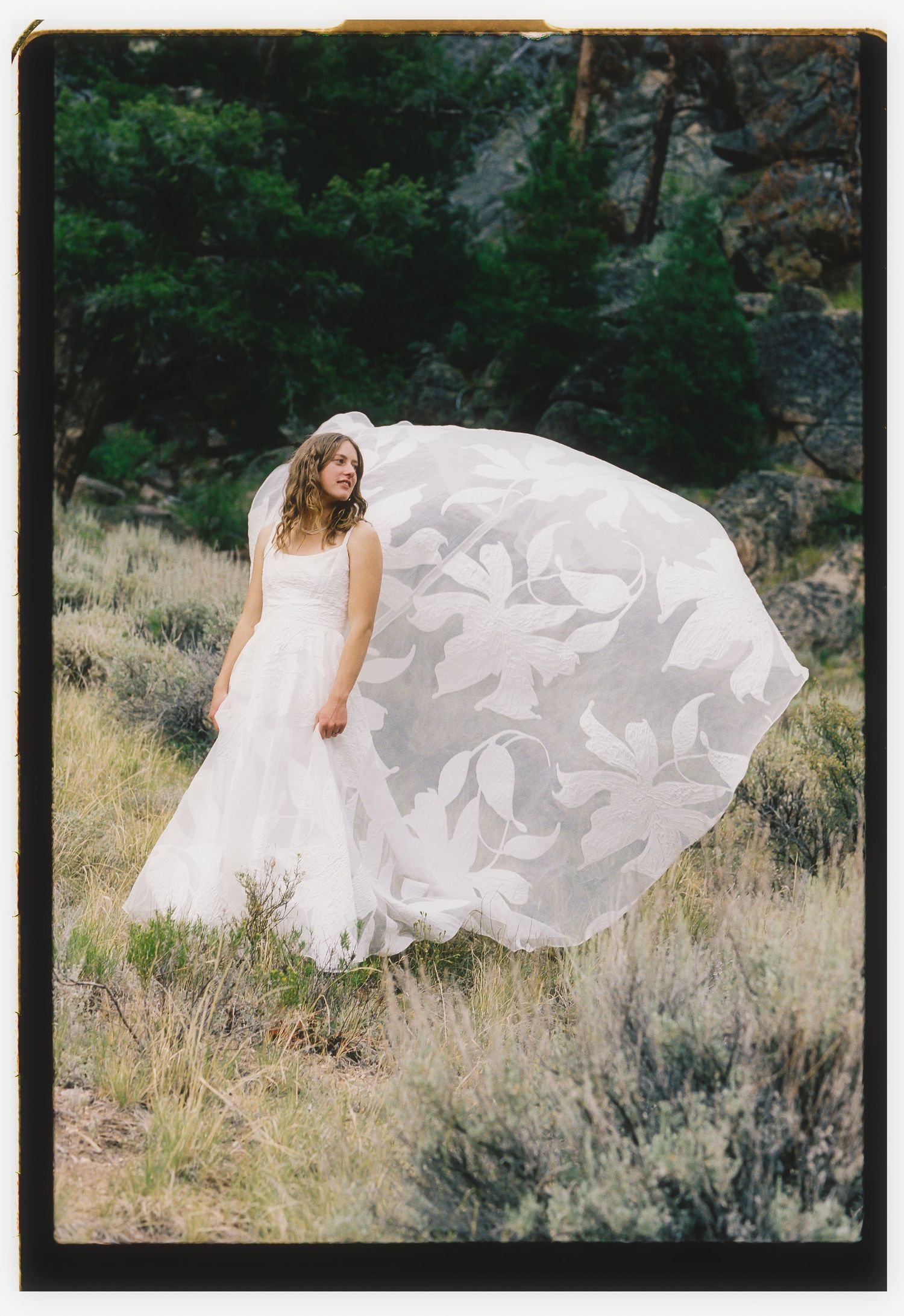 Bride in white wedding dress with flowing leaf-patterned veil blowing in wind, standing in natural outdoor landscape.