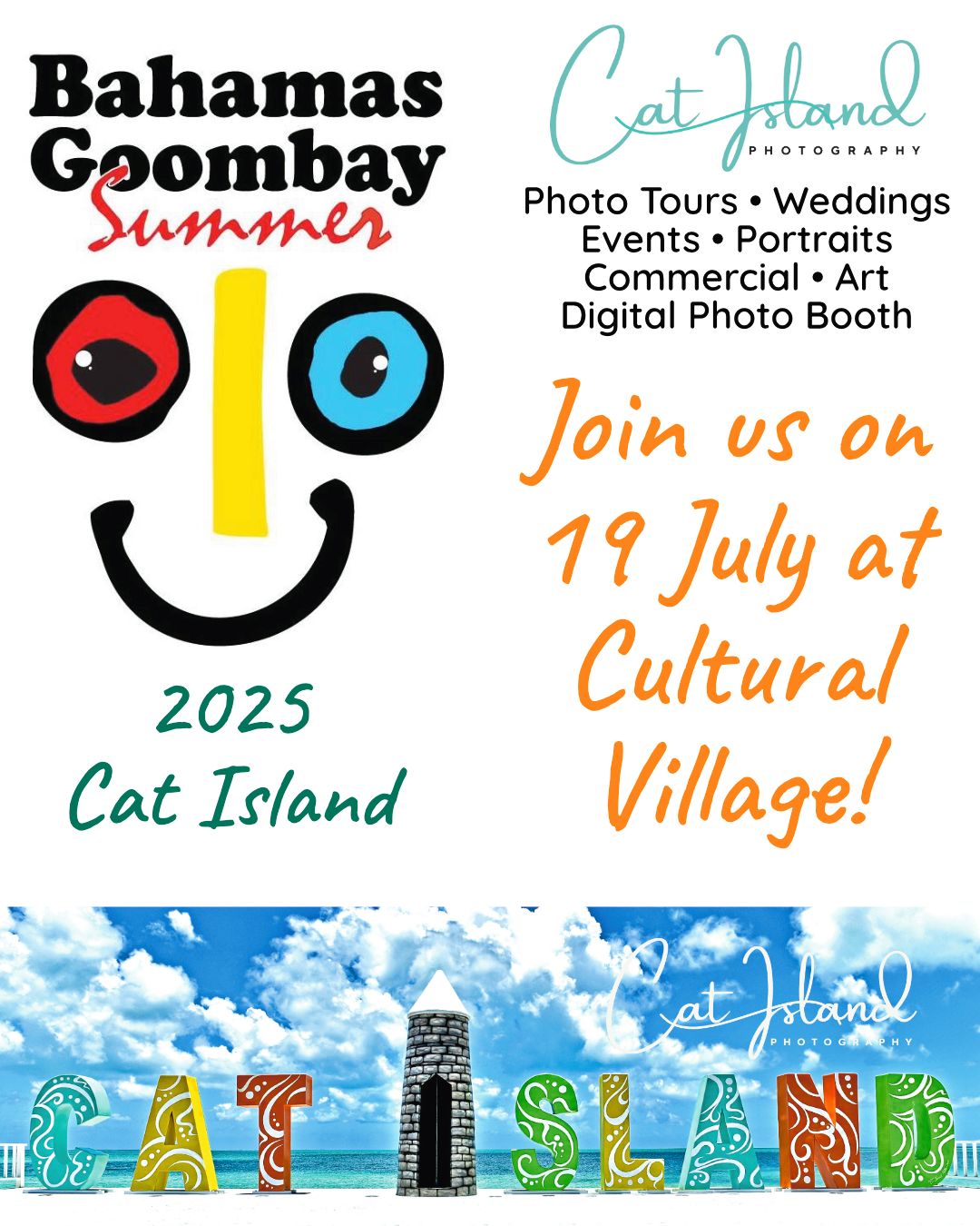 Colorful graphic design shows social media icons and text about Cat Island Bahamas tourism events against a tropical beach backdrop.