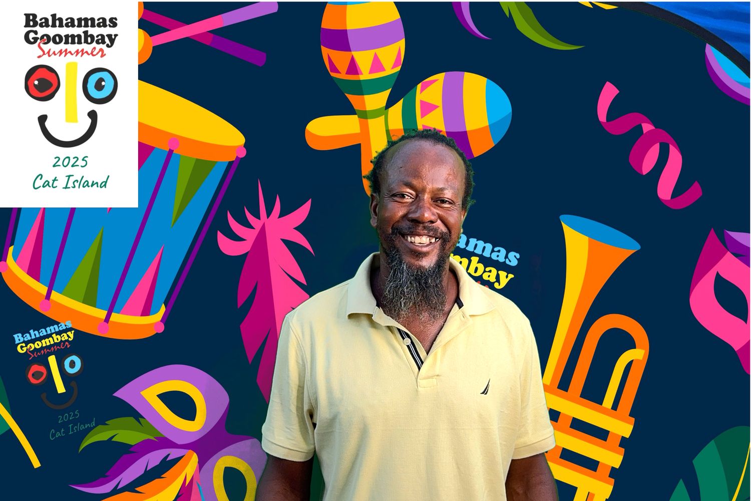 Vibrant Caribbean pattern design featuring colorful tropical motifs and abstract shapes against a dark blue background.