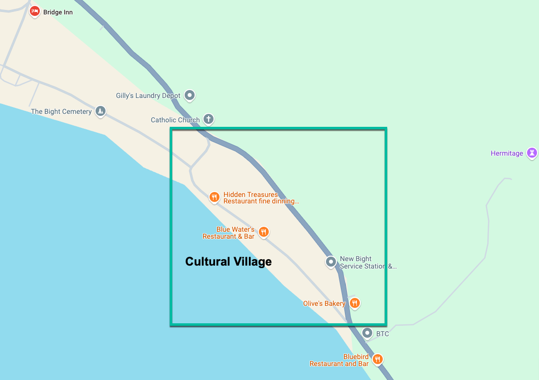 Geographic map showing a coastal region with cultural village markers and navigation points indicated in blue rectangles.