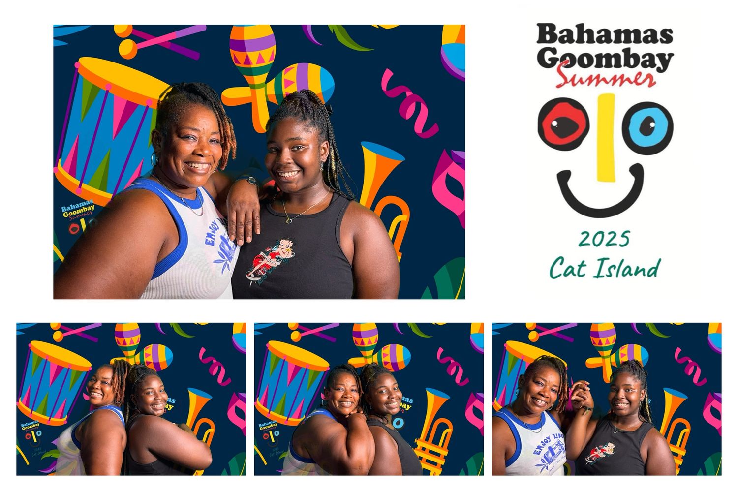 Colorful photo booth strip with festive streamers and Bahamas Goombay Summer 2023 branding shows people posing against party decor.