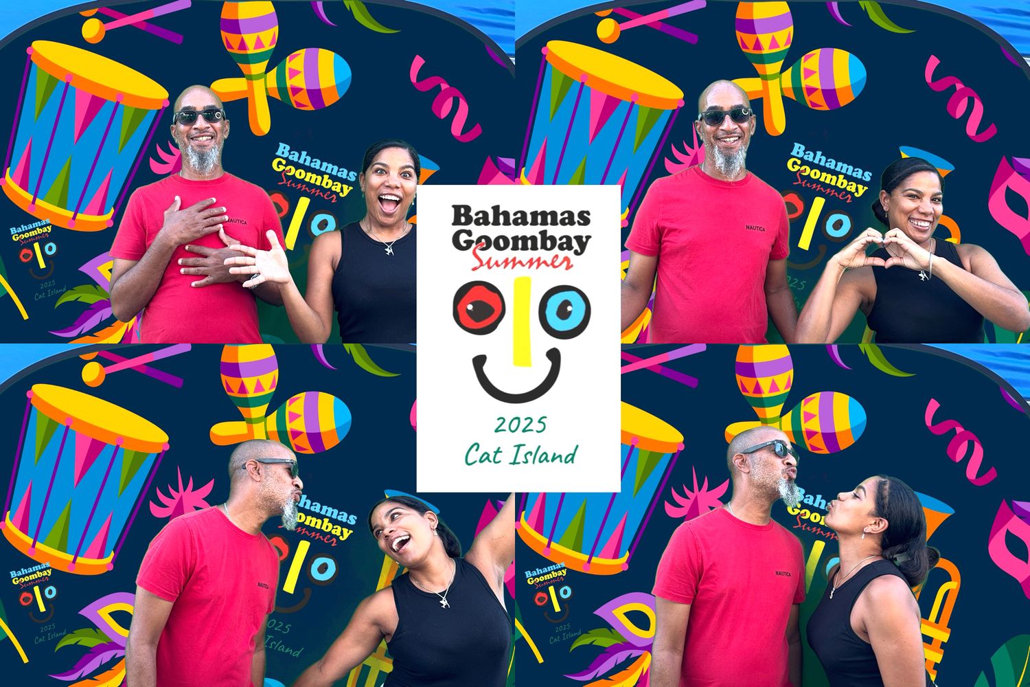 Music themed marketing banner with colorful neon elements, volleyball patterns and headphones on a navy background.