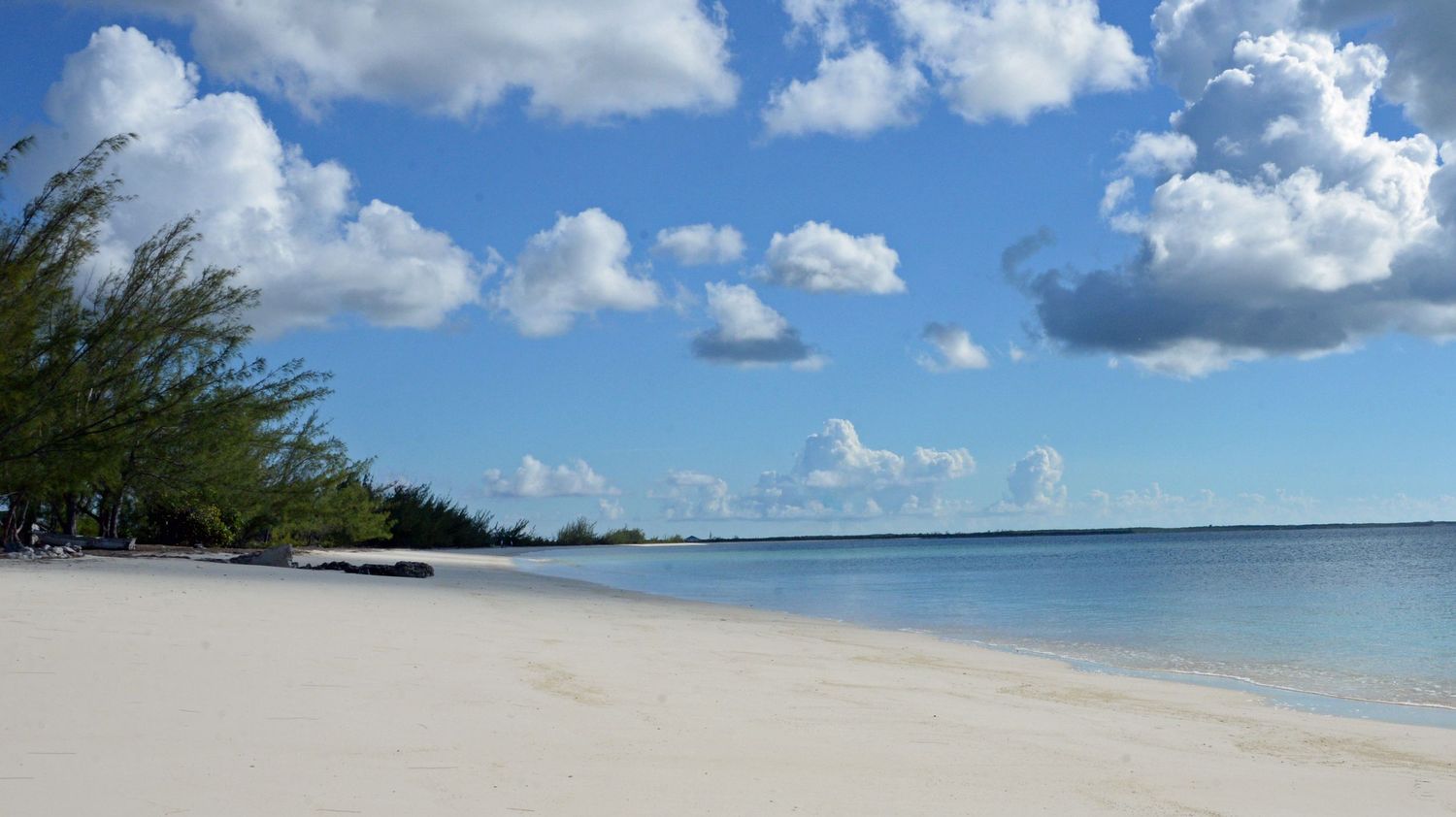 Pristine white sand beach with palm trees and turquoise waters under a cloudy blue sky.