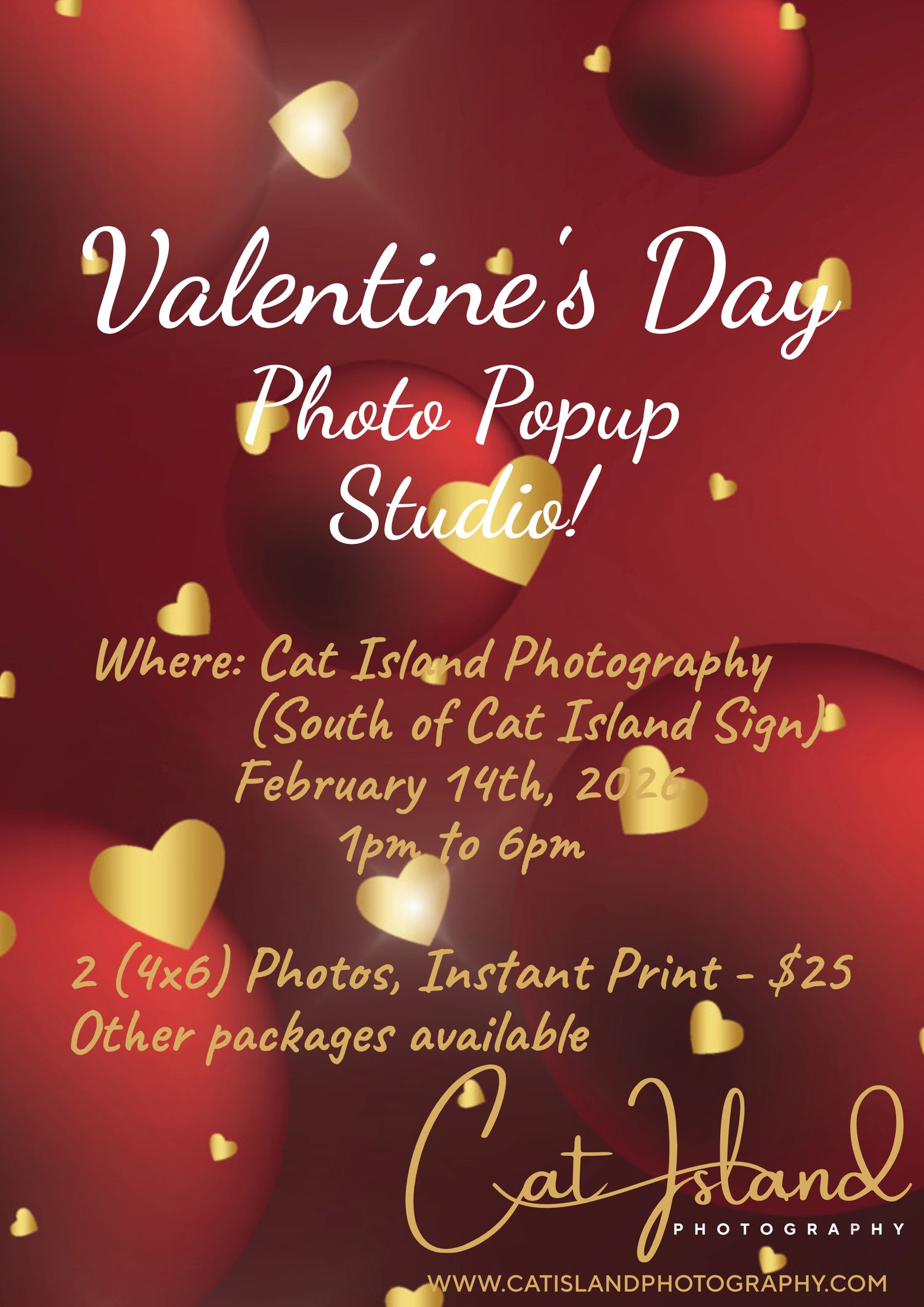 Red Valentine's Day photography studio promotion with gold hearts showing session details and pricing at Cat Island Photography.