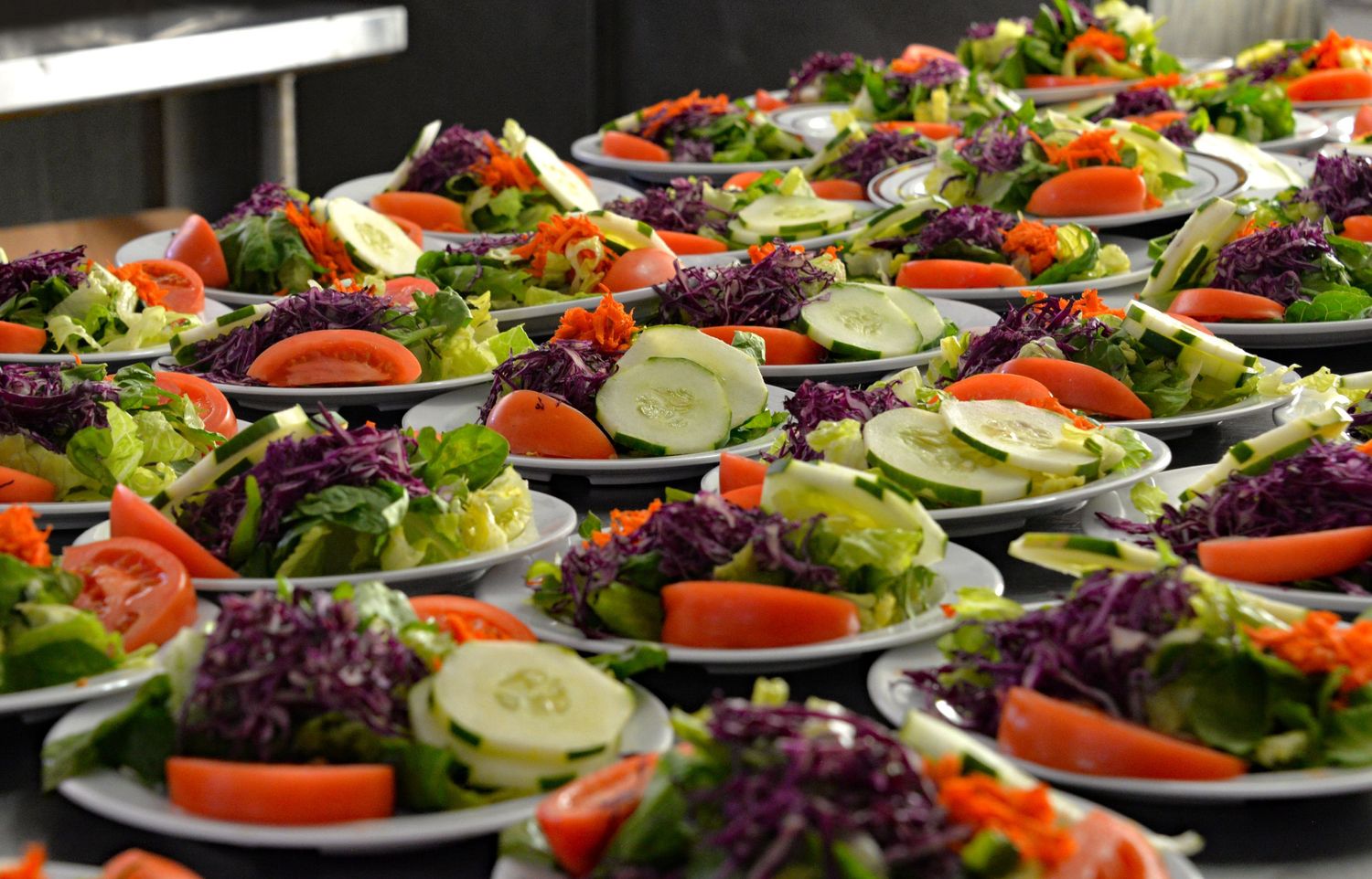 Fresh garden salads with tomatoes, cucumbers and purple cabbage arranged on serving plates.