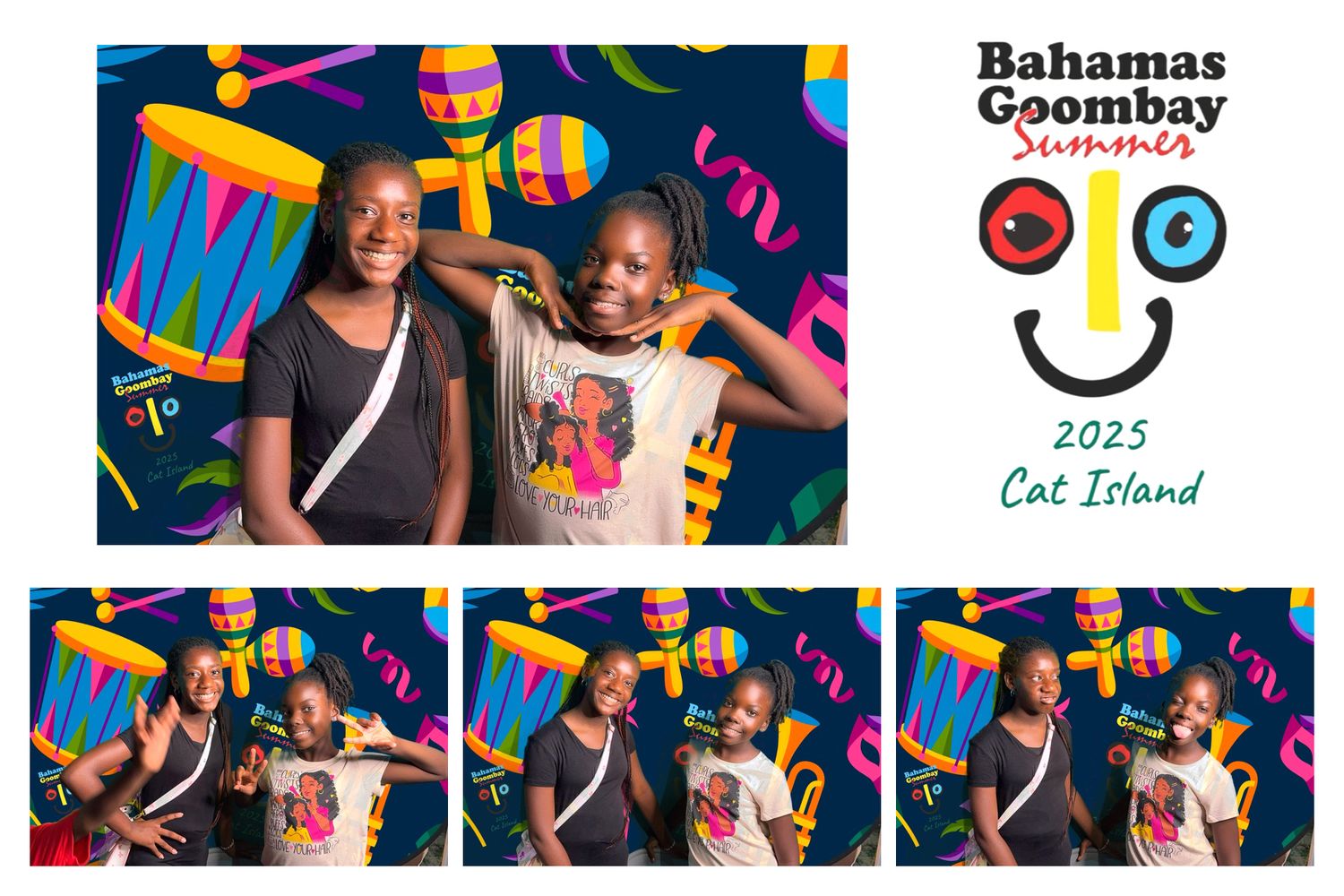 Two people pose together at a Bahamas Goombay Summer 2023 event with colorful party decorations in the background.