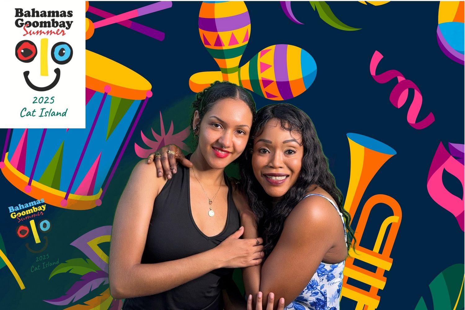 Two people pose together at a party against a vibrant backdrop with colorful balloons and party decorations.