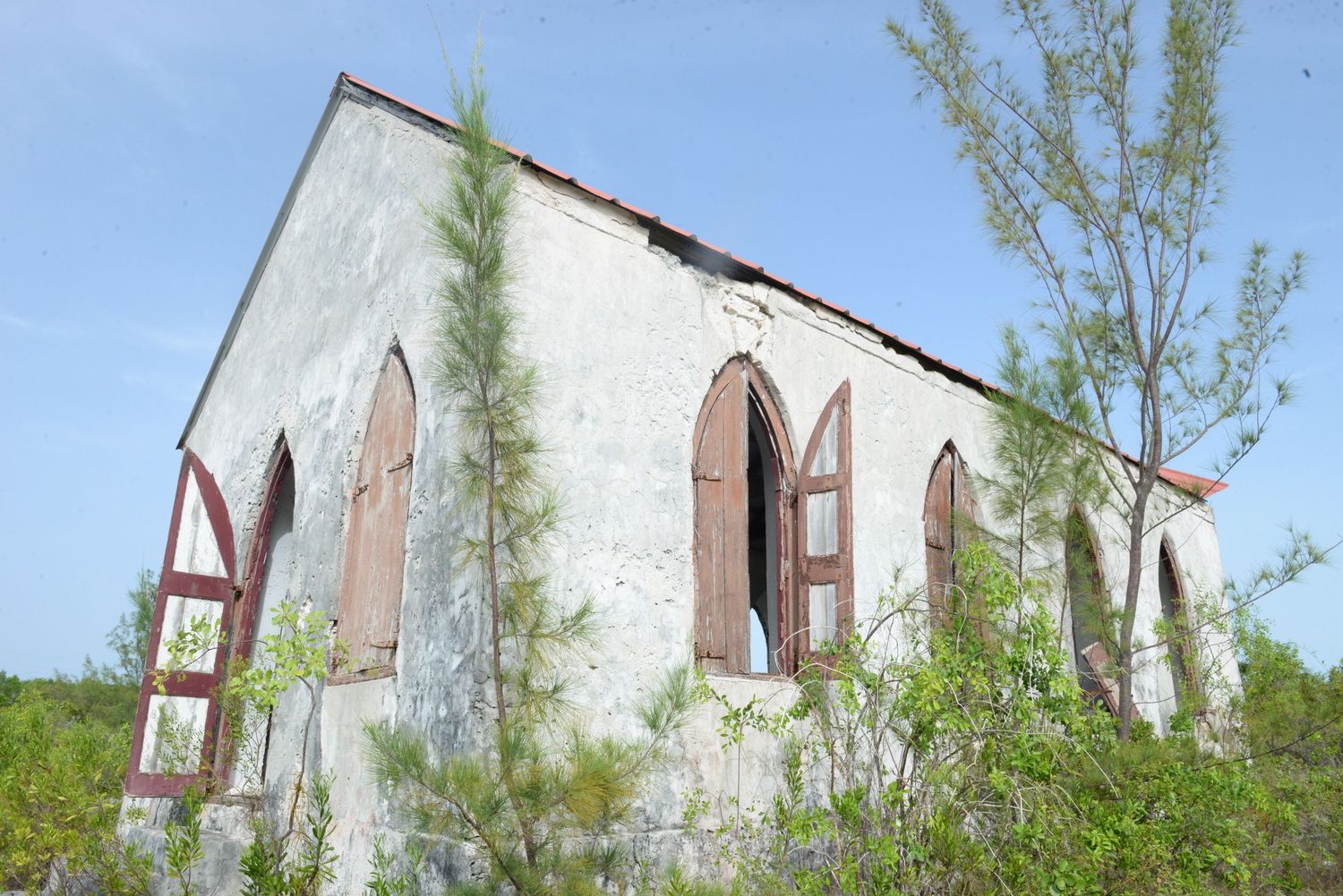 Abandoned white church building with arched windows and growing vegetation.
