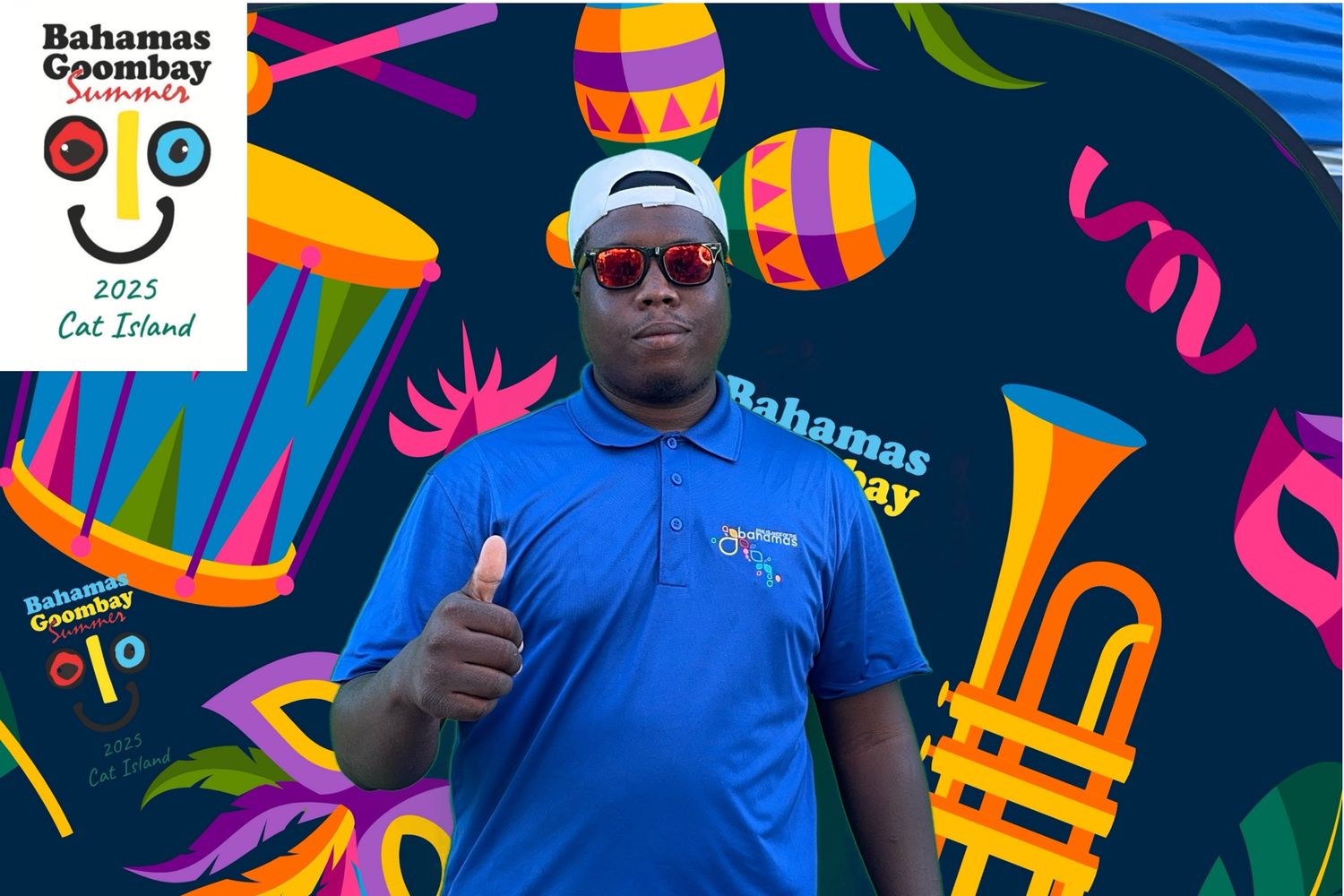 Someone wearing a bright blue Bahamas TV polo shirt poses with thumbs up against a colorful musical-themed background.
