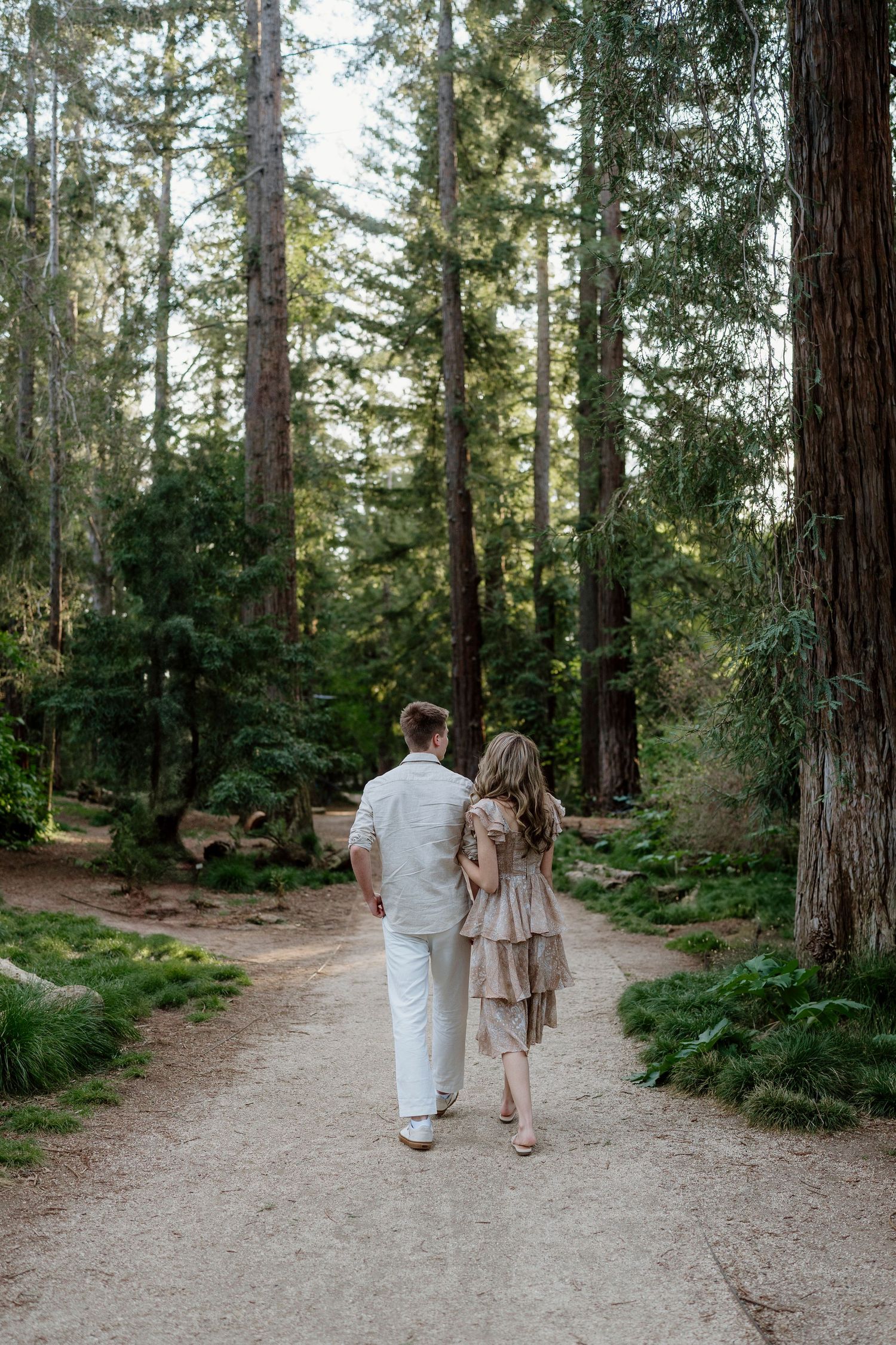 Couple walking hand in hand down a serene forest path surrounded by tall redwood trees.