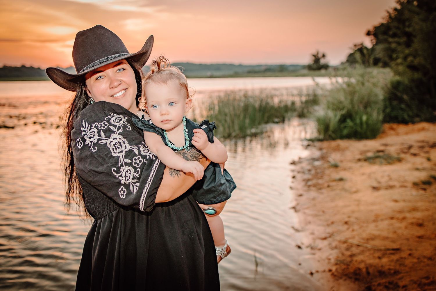 A series of sunset beach portraits showing tender family moments against a warm orange sky and water backdrop.