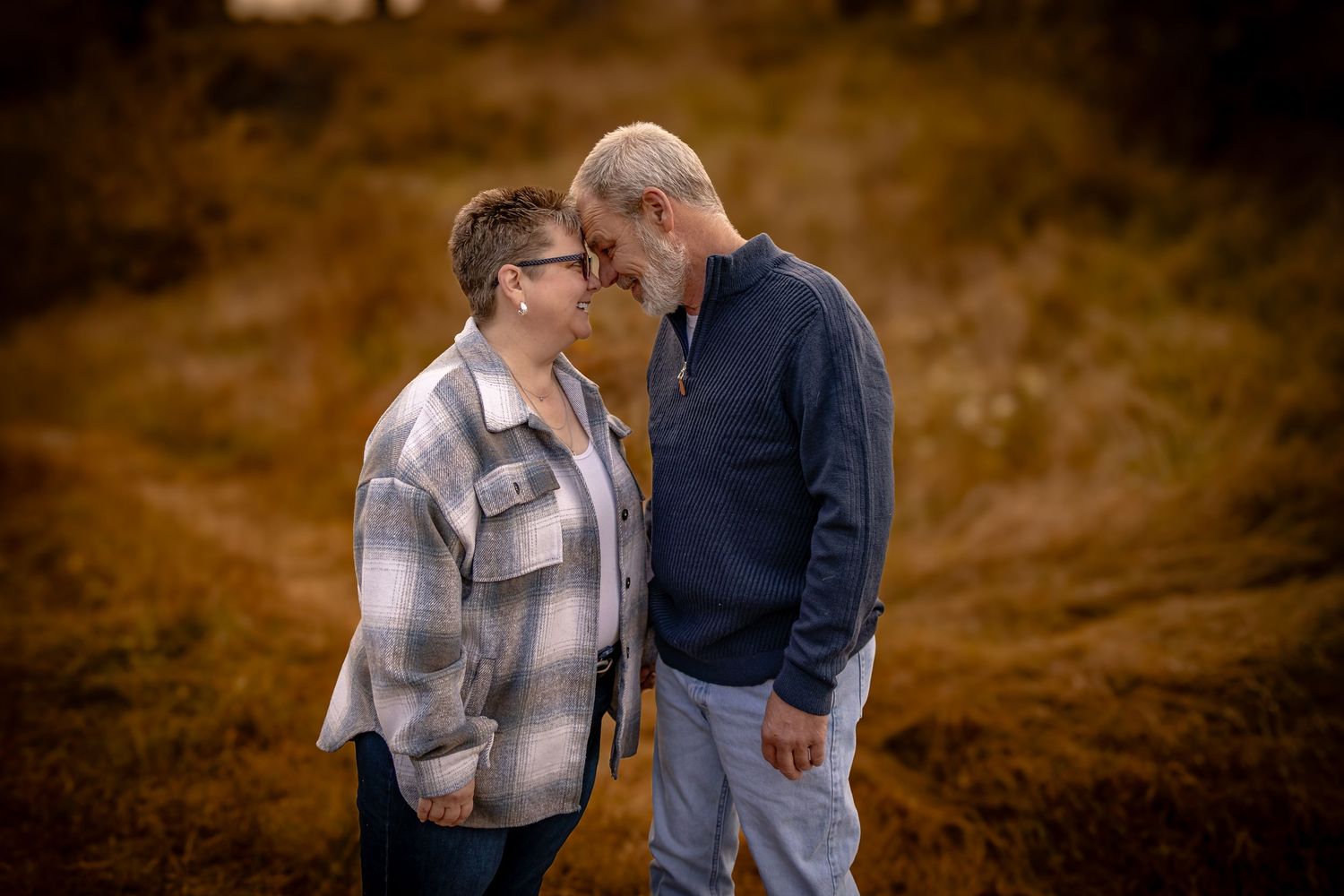 A couple shares romantic moments in a series of outdoor photos against a warm autumn background.
