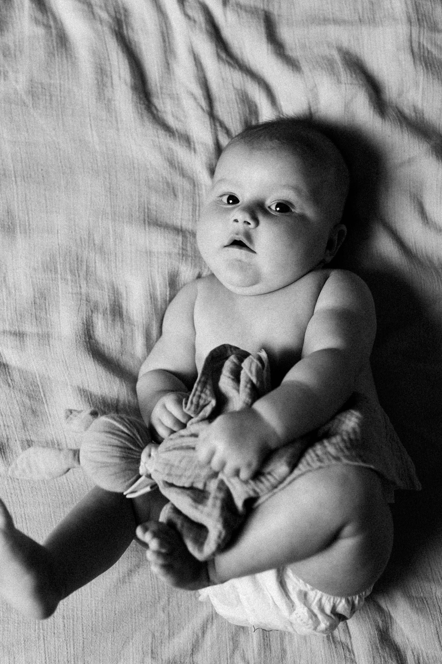 Séance photo naissance en noir et blanc, bébé allongé sur un lit, regard tourné vers l’objectif