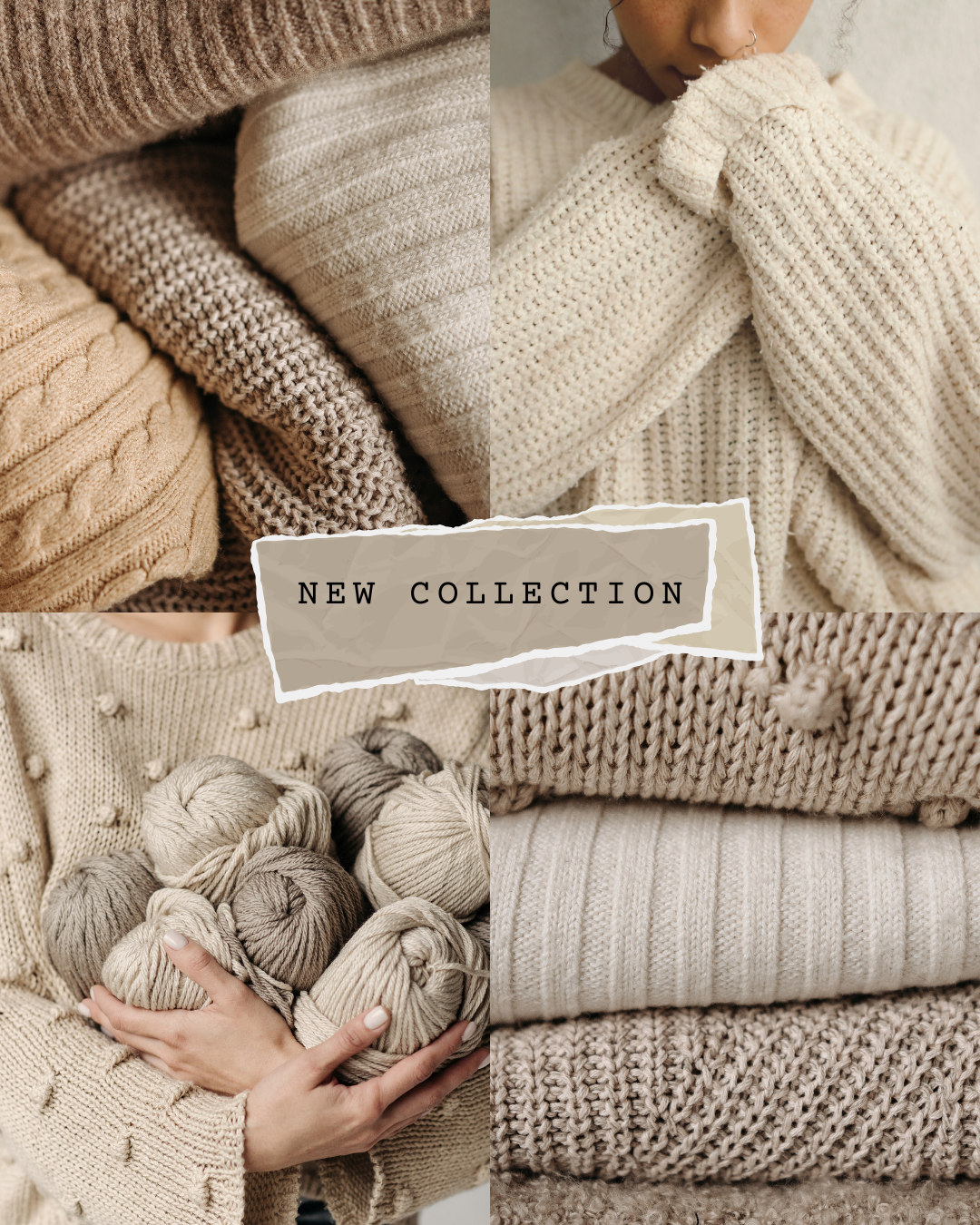 A cozy collection of neutral beige and cream knitted textiles with yarn balls and knitting supplies arranged on white background.