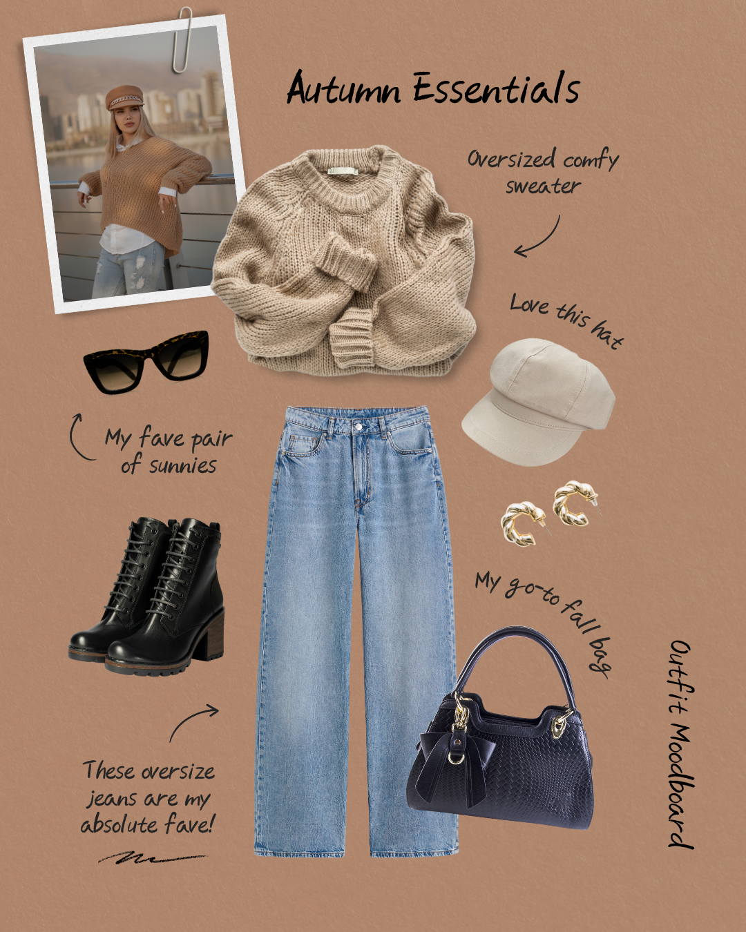Fashion mood board featuring autumn essentials with jeans, boots, sweater, sunglasses and accessories in neutral tones.