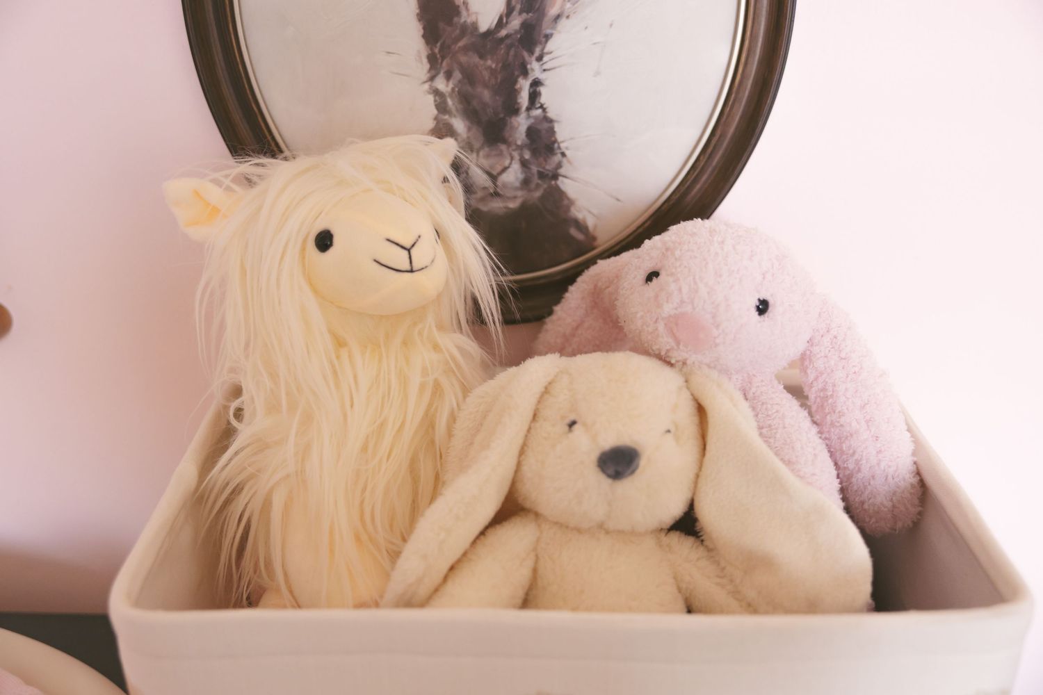Three soft plush toys, a lion, cream bunny, and pink bunny, sit together in a white box against a pink wall.