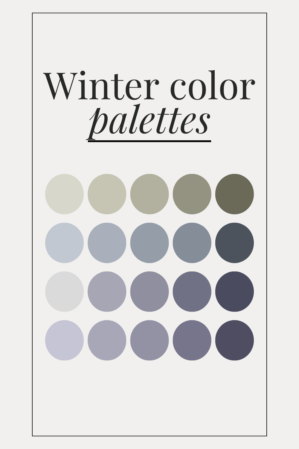 Color palette showing winter tones with gradients of soft grays, muted blues, and cool neutral shades arranged in rows.