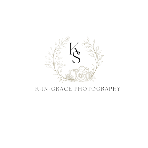 A delicate monochrome logo design featuring 'K IN GRACE PHOTOGRAPHY' text with floral wreath accents.