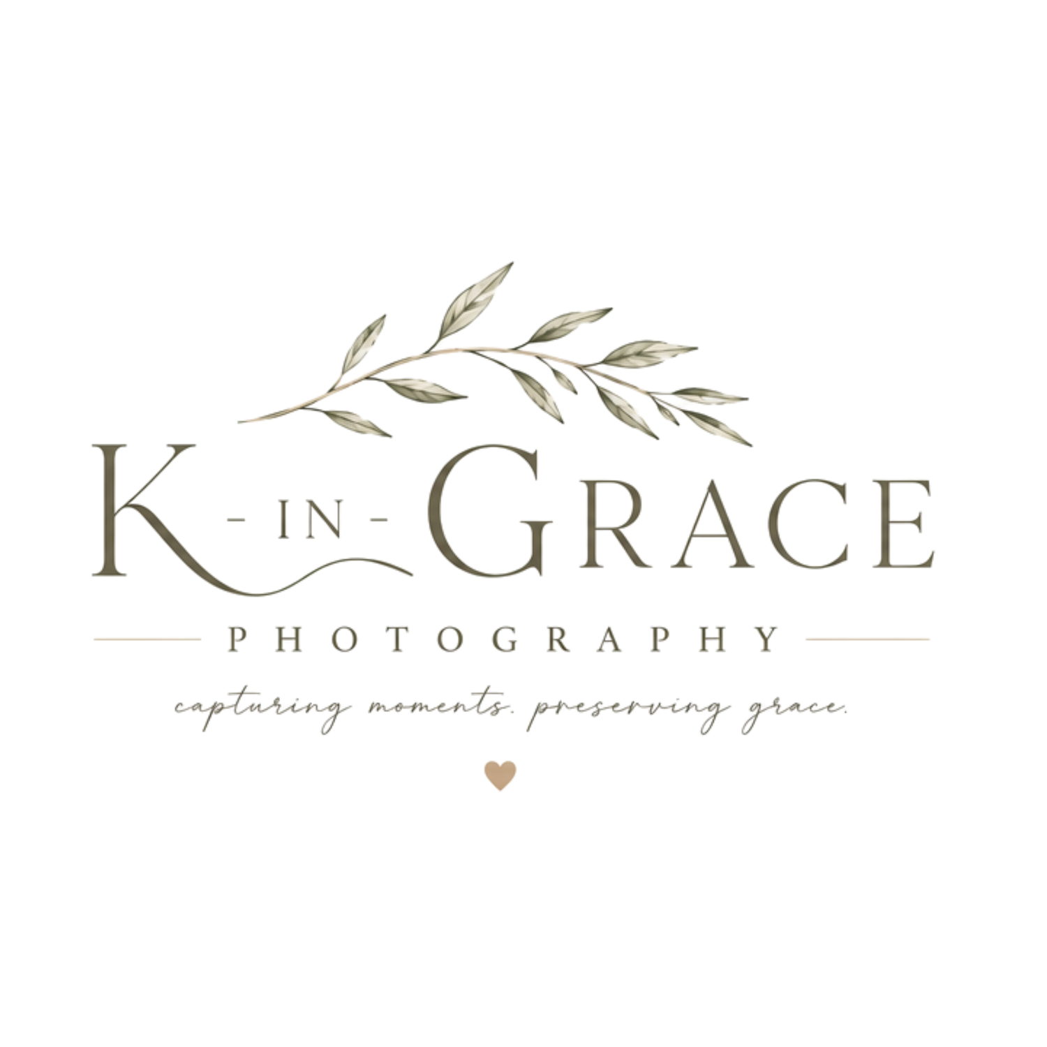 K-in-Grace Photography logo with elegant botanical branch, serif font, and tagline capturing moments preserving grace.