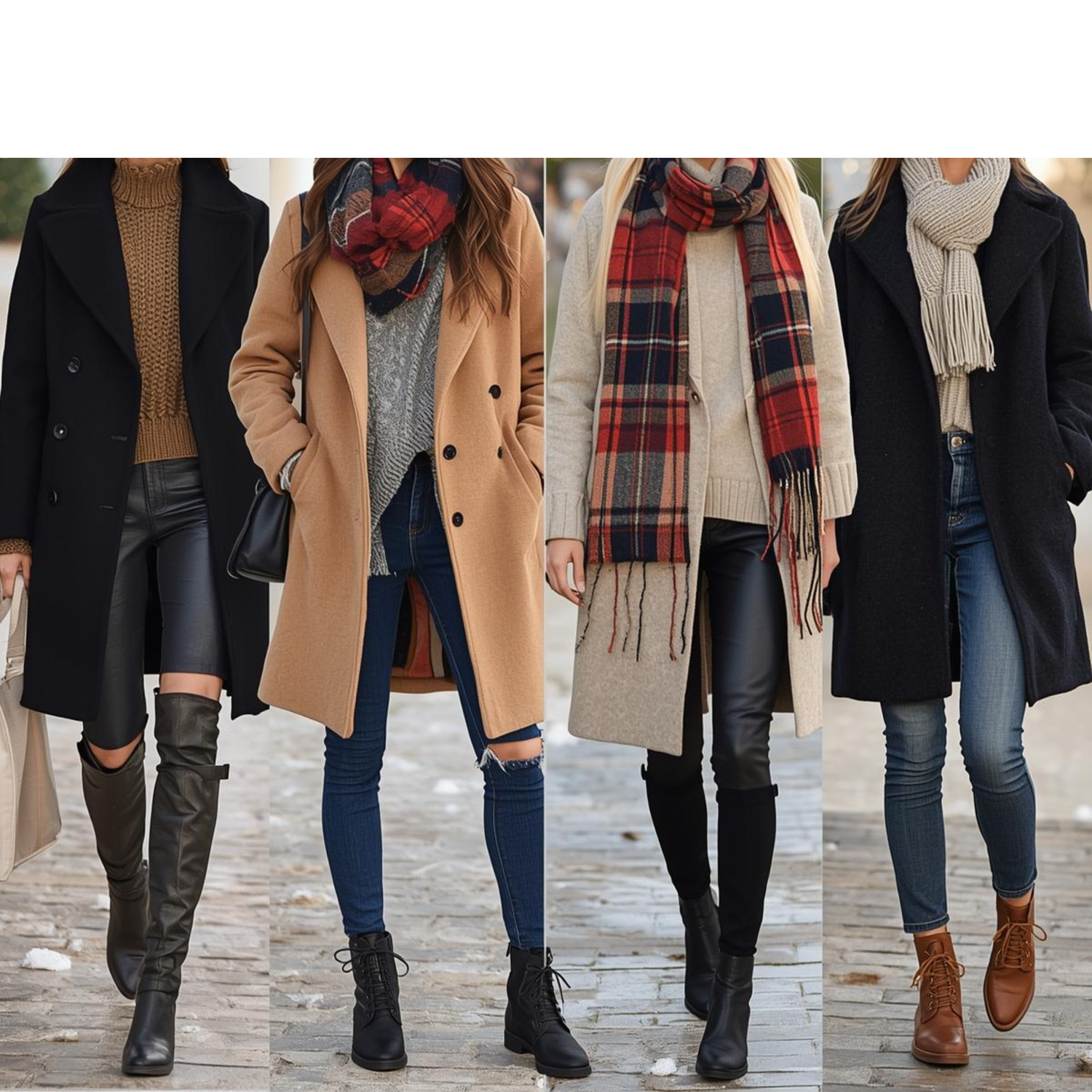 Row of people's legs and feet showing winter fashion with boots, coats, scarves, and jeans on a snowy surface.