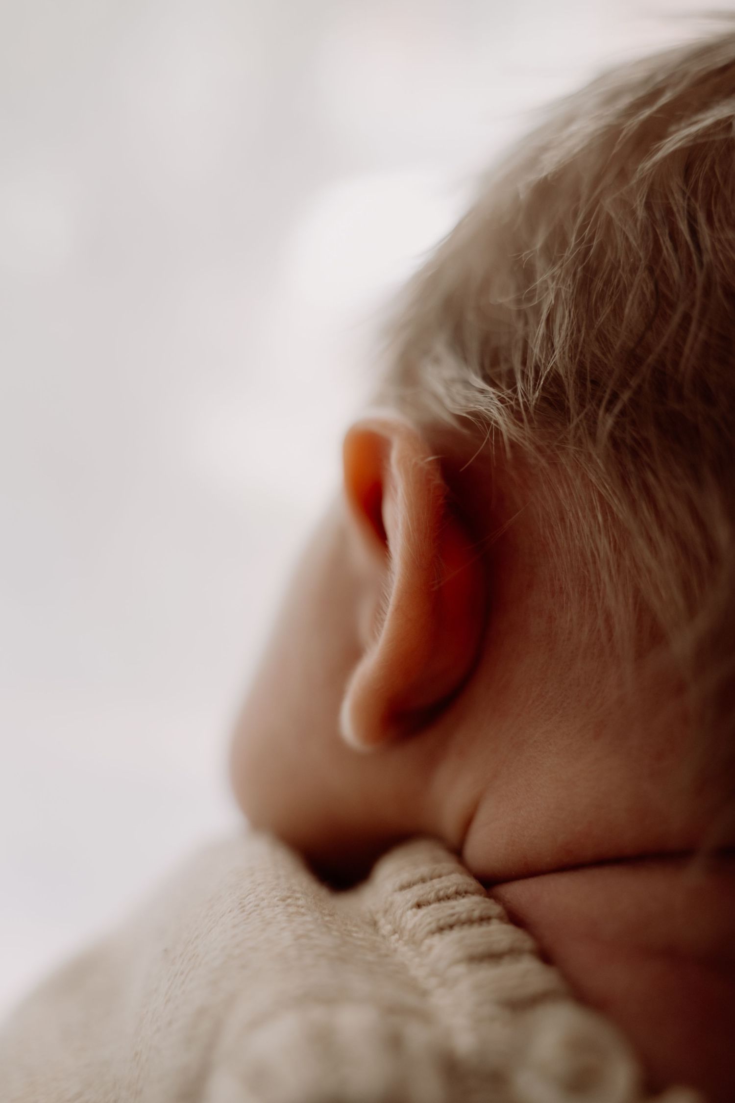 Soft close-up portrait of a newborn baby ear with fine hair against a light background.