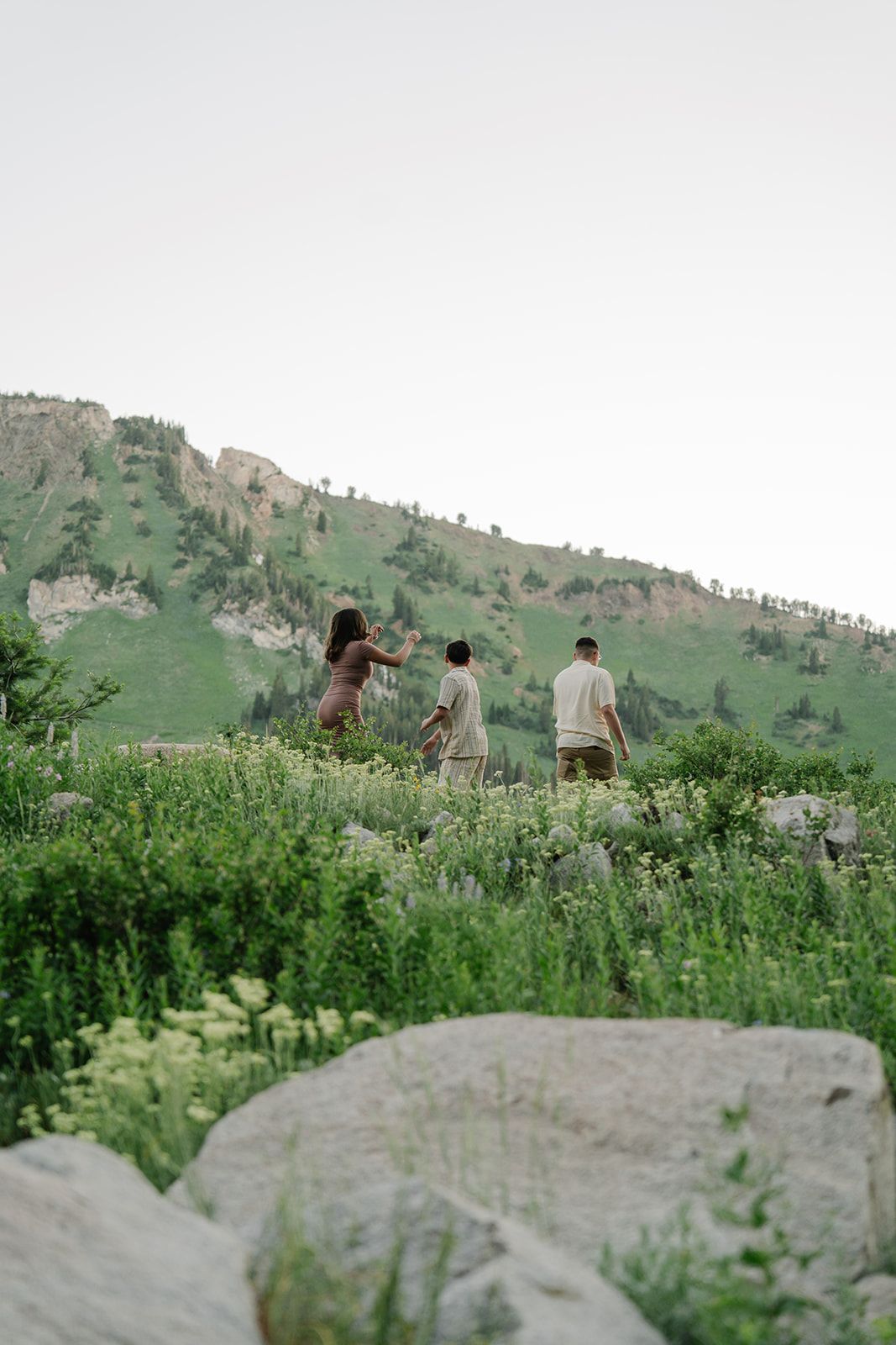 Three people walk through a wildflower meadow with rolling hills in the background.