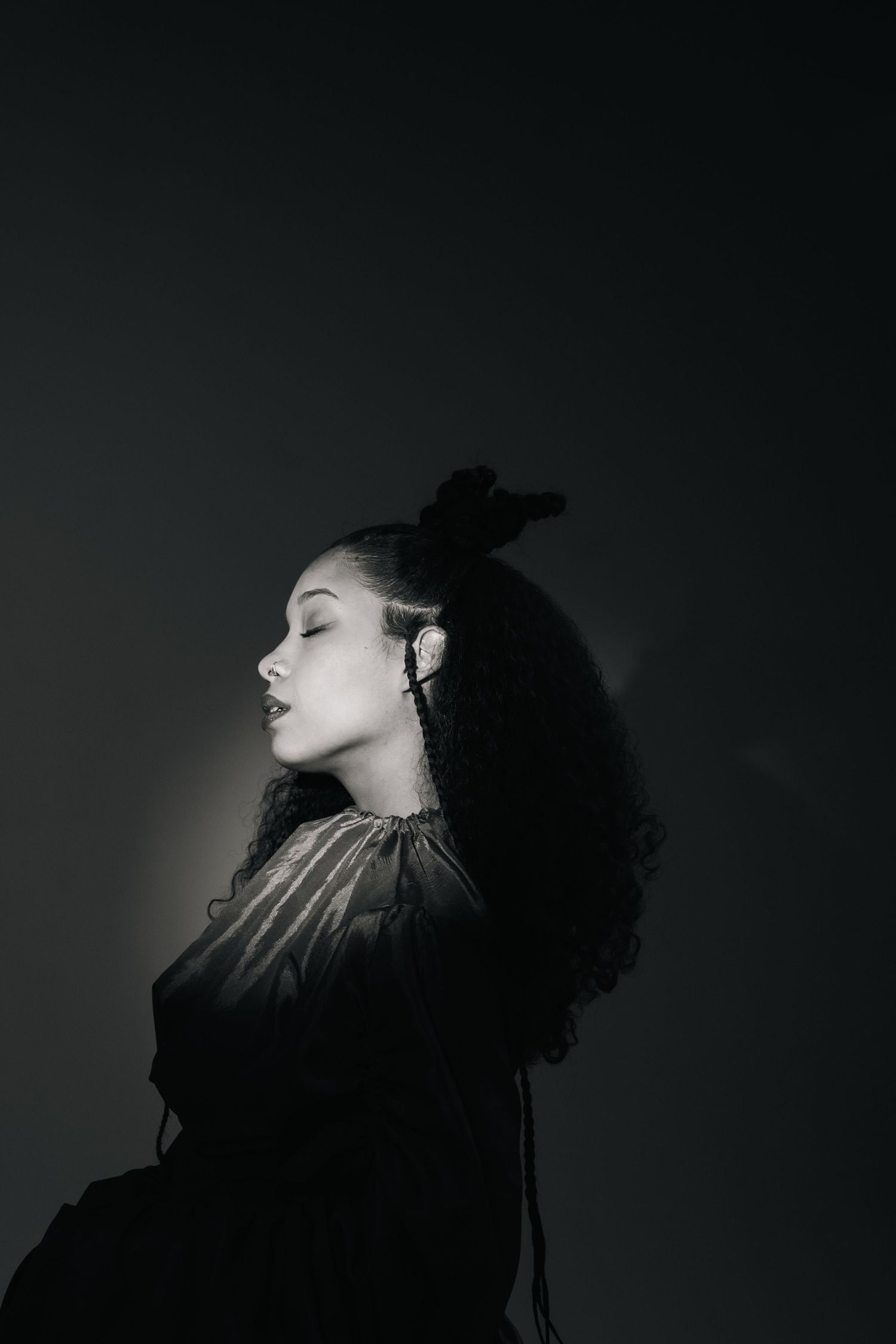 Dramatic black and white silhouette portraits showing elegant poses against a dark background.