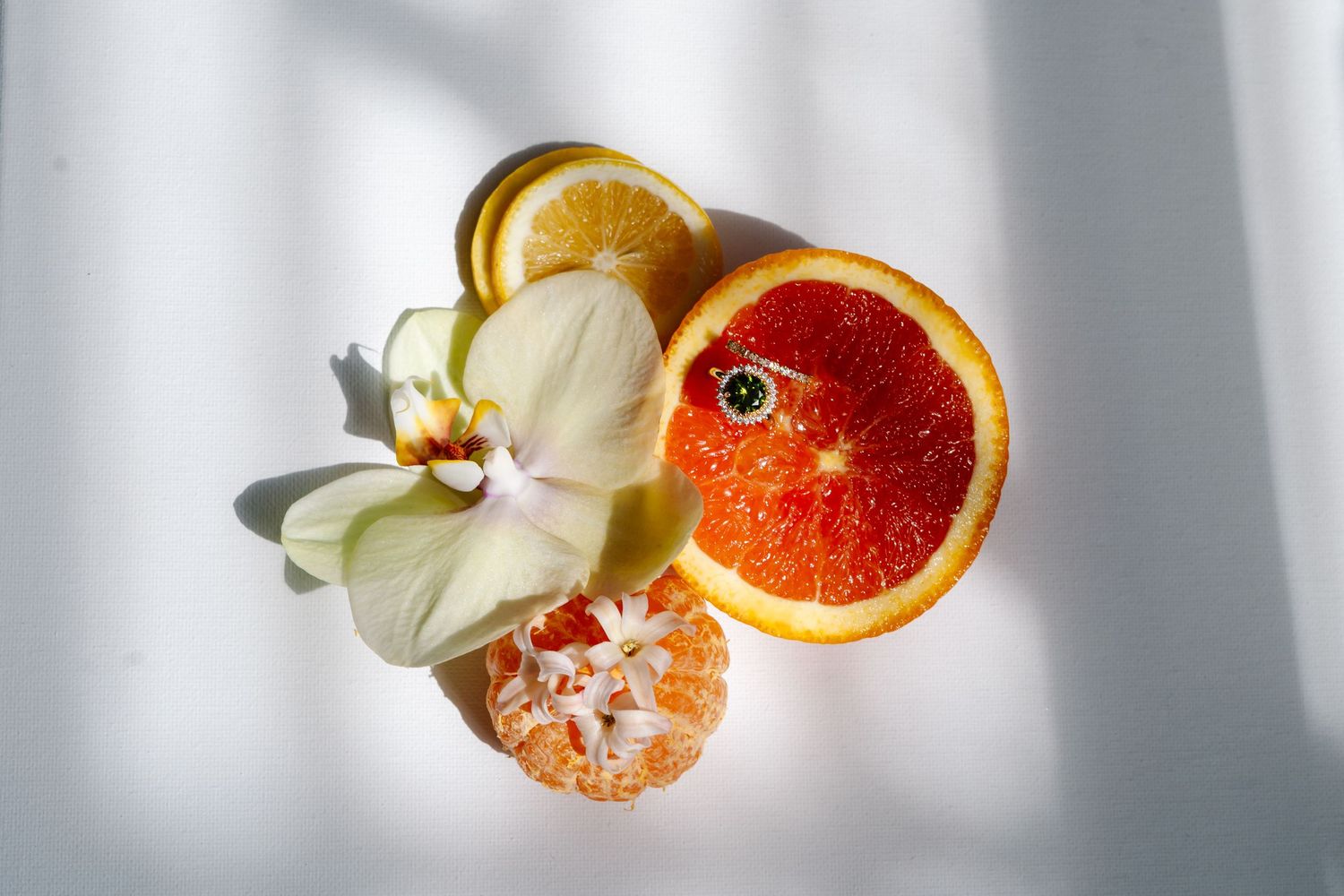 Citrus fruits and white flowers arranged with dramatic shadows on light background.