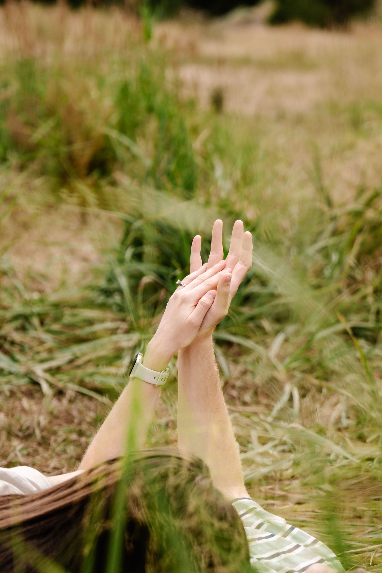 Hands raised against tall grass in artistic summer photography.