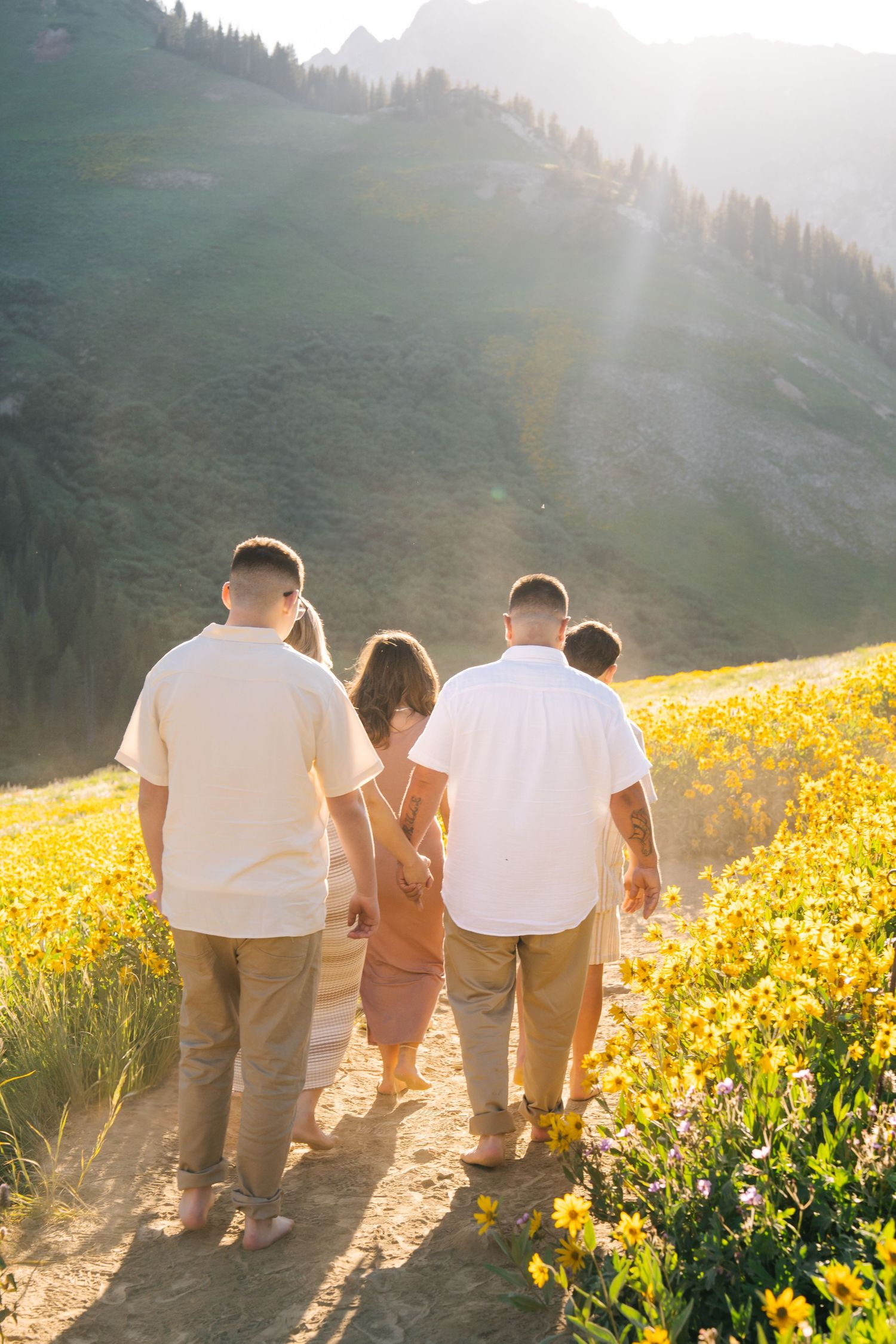 Family of four walking hand-in-hand through a sunlit mountain meadow filled with yellow wildflowers.