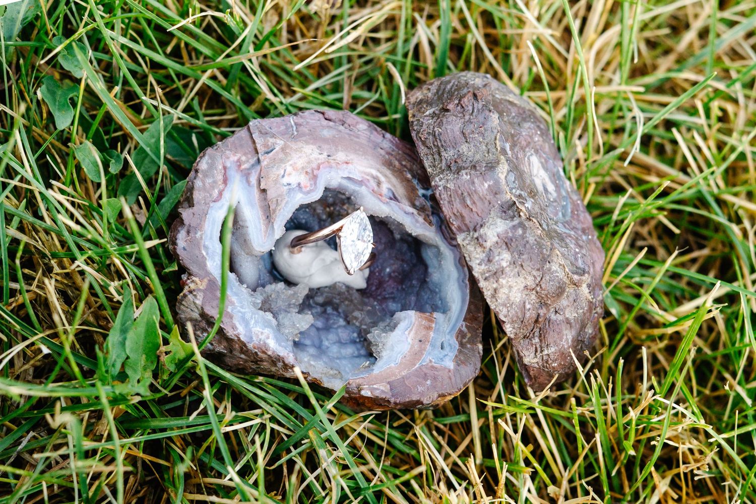 A broken geode revealing sparkling crystal formations inside against grass background.