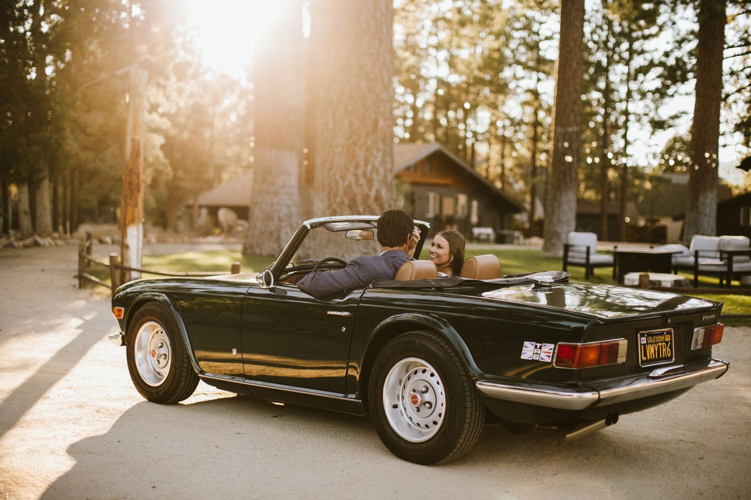 Bride and groom photographed in a vintage car near Big Bear California
