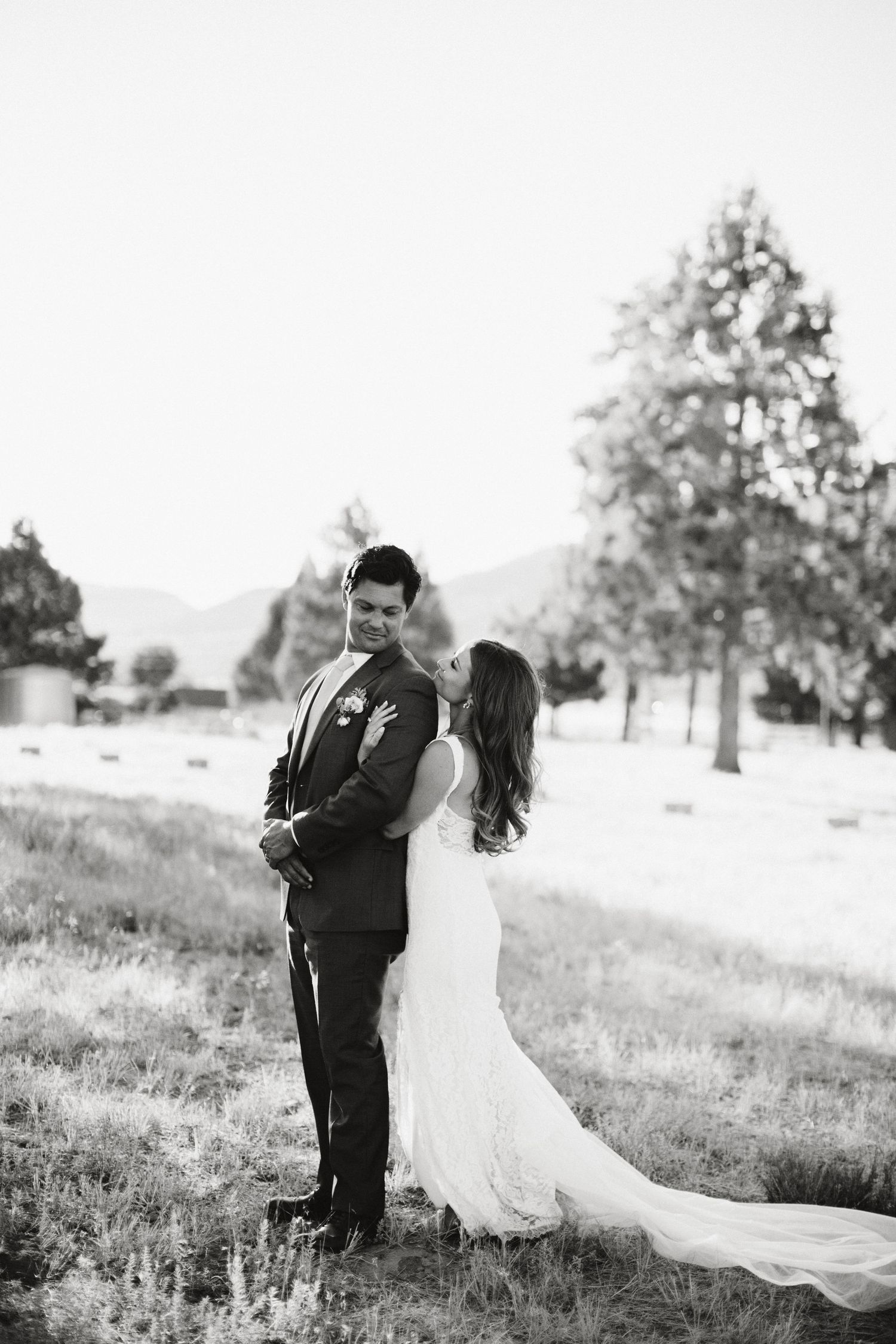 Newlyweds standing for portraits in Big Bear California