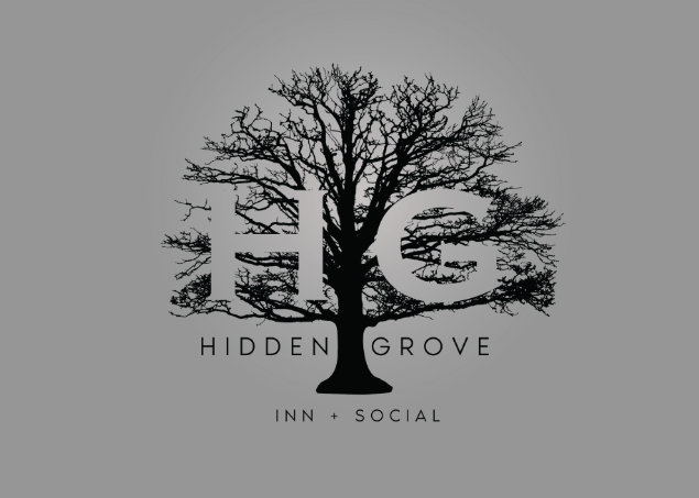 Black and white logo design for Hidden Grove Inn & Social featuring a stylized tree silhouette against a gray background.