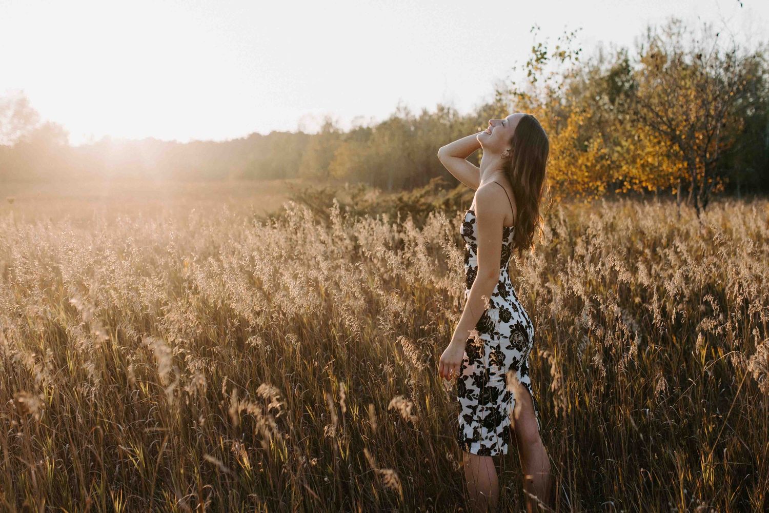 Scenic meadow photoshoot with autumn colors and golden sunlight.