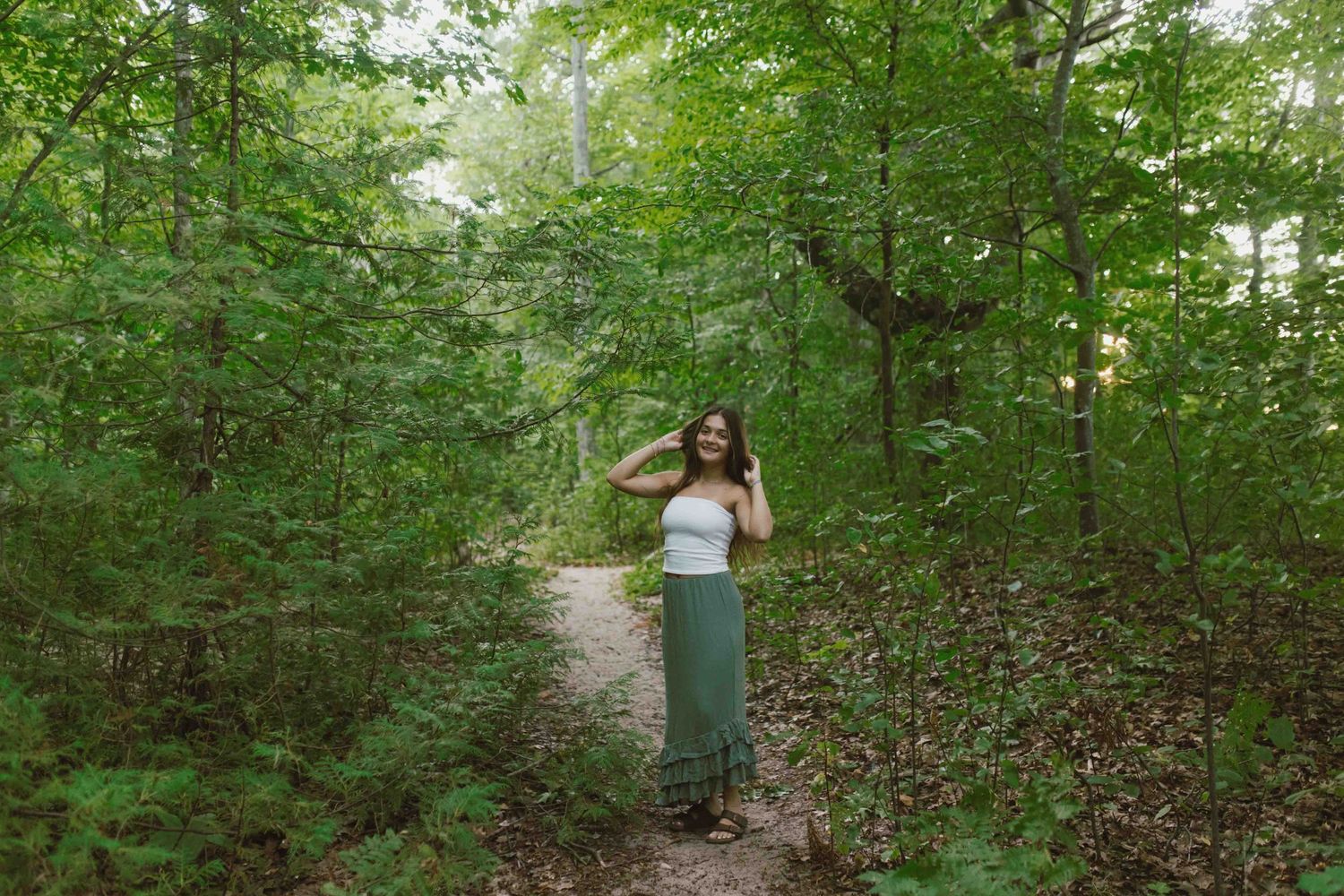 Forest path with dappled sunlight streaming through green summer foliage.
