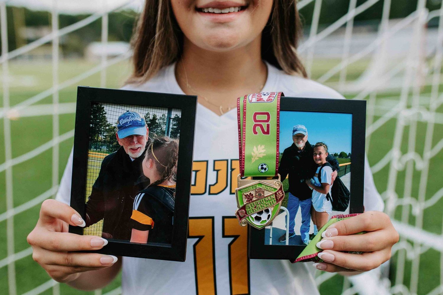 Row of polaroid photos displayed showing soccer-related memories and moments.